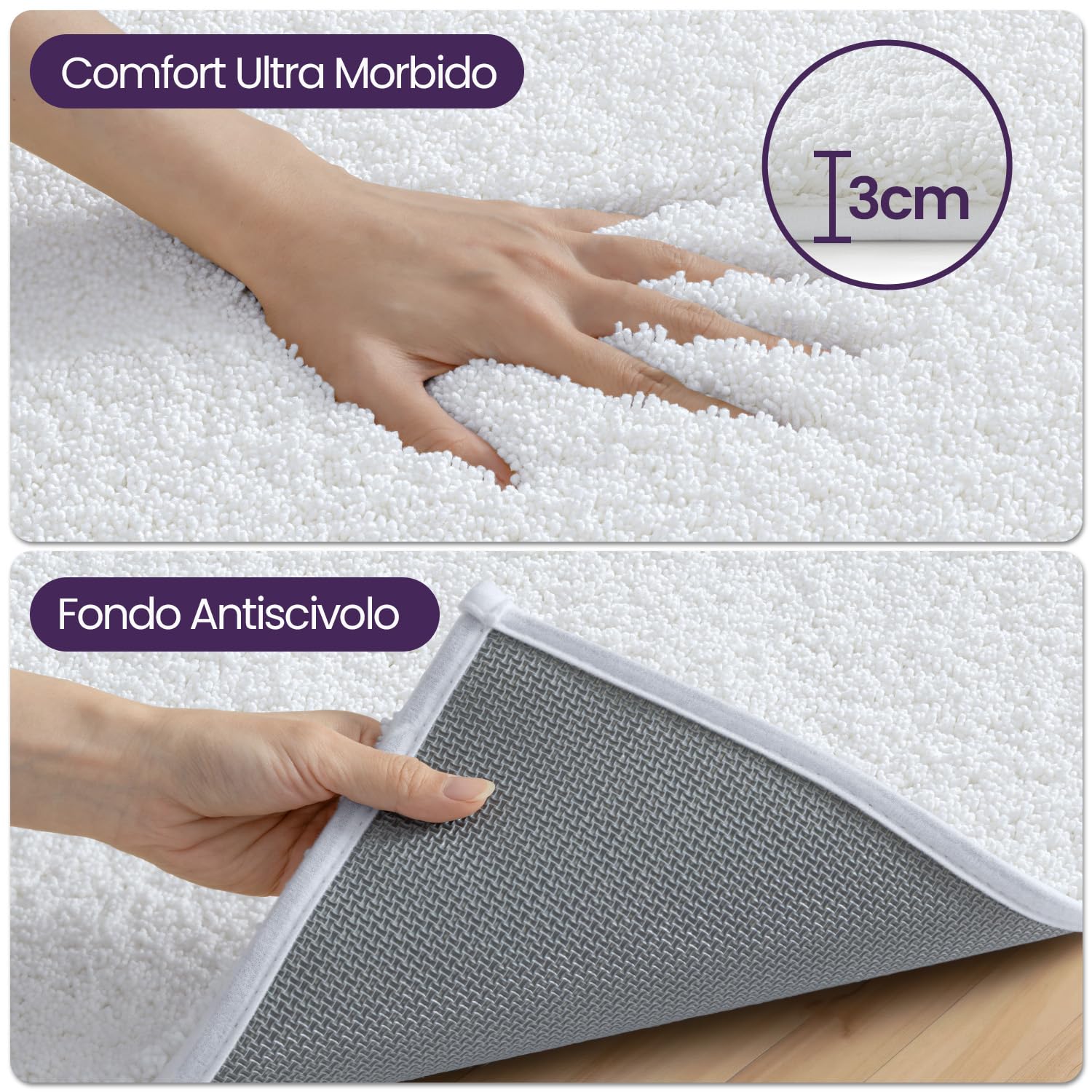 DEXI Tappeto Bagno 60 x 110 cm, Bianco | Tappetino Antiscivolo e Morbido Spesso in Microfibra, Tappeti Assorbente e Lavabile per la Lavandino, Ingresso del Doccia