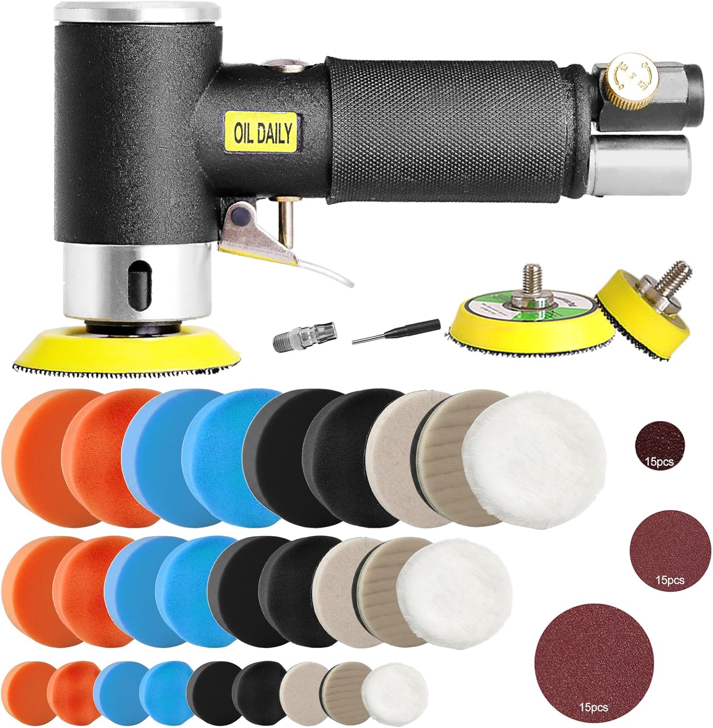 Mini Air Sander,Random Orbital Air Sander Kit,Mini Pneumatic Sander for auto sanding tools kits with 1/2/3inch Polishing Sponge & Wool Pads Sandpapers (1"2"3" Buffer&Sander Kit)