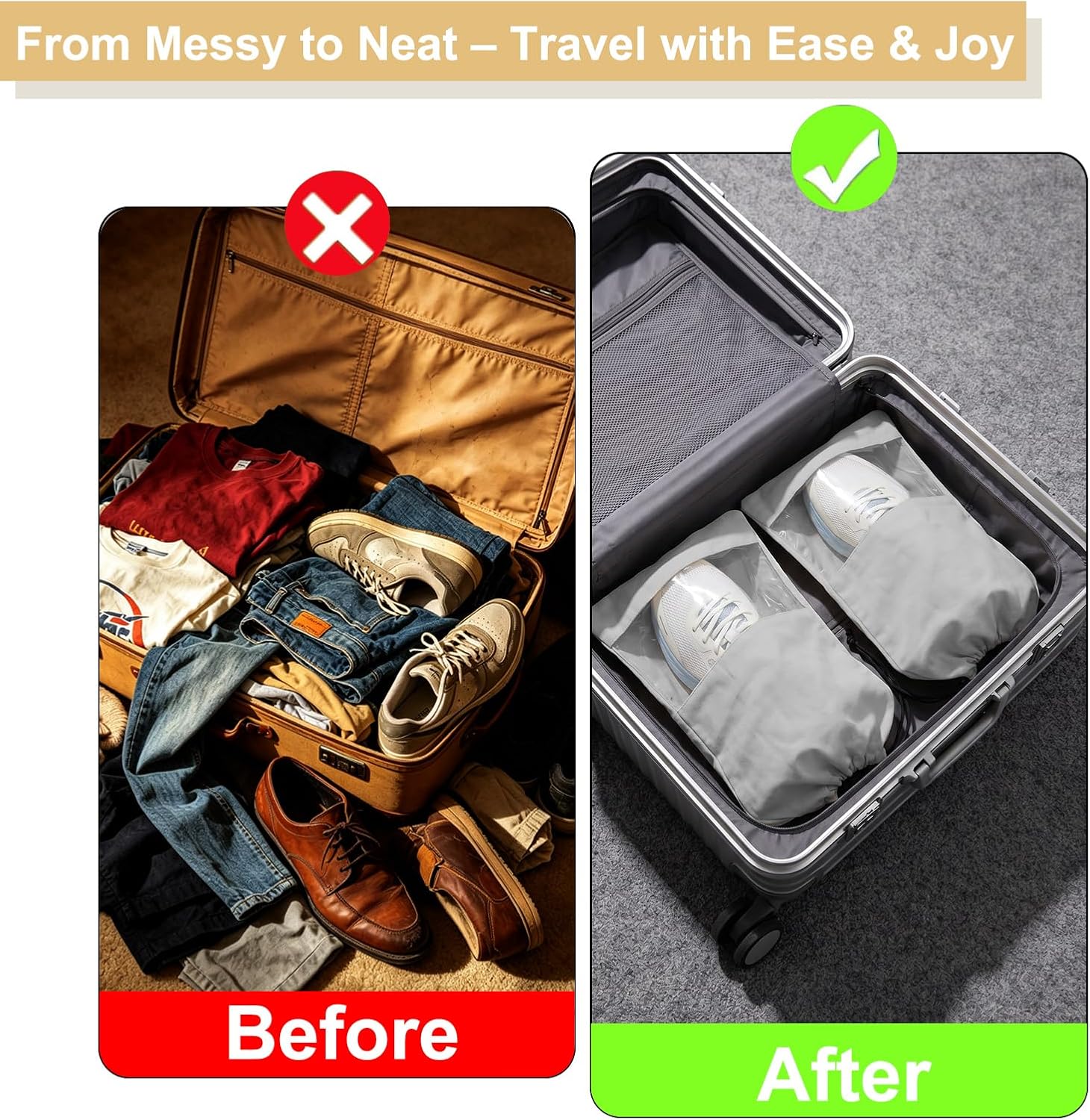 4 Pcs Single Shoe Bags for Travel, 9.1"x17.7" Drawstring Shoe Travel Bags with Clear TPU Window, Travel Organizer for Suitcase (Grey)