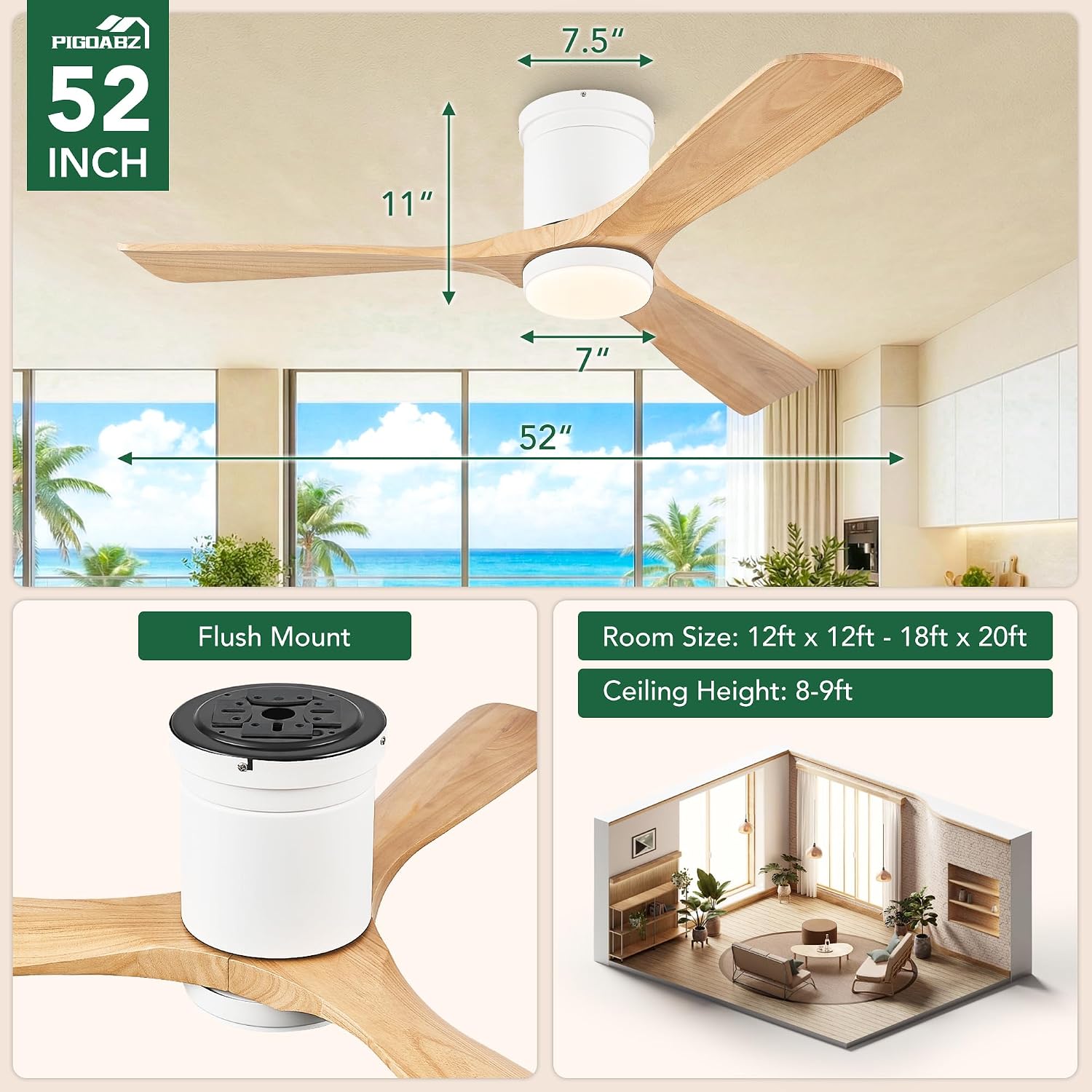 52 Inch Flush Mount Ceiling Fans with Lights, Low Profile Smart Ceiling Fan with Alexa & Remote Control, White Natural Wood 3 Blades Indoor Outdoor Ceiling Fans for Bedroom Patio