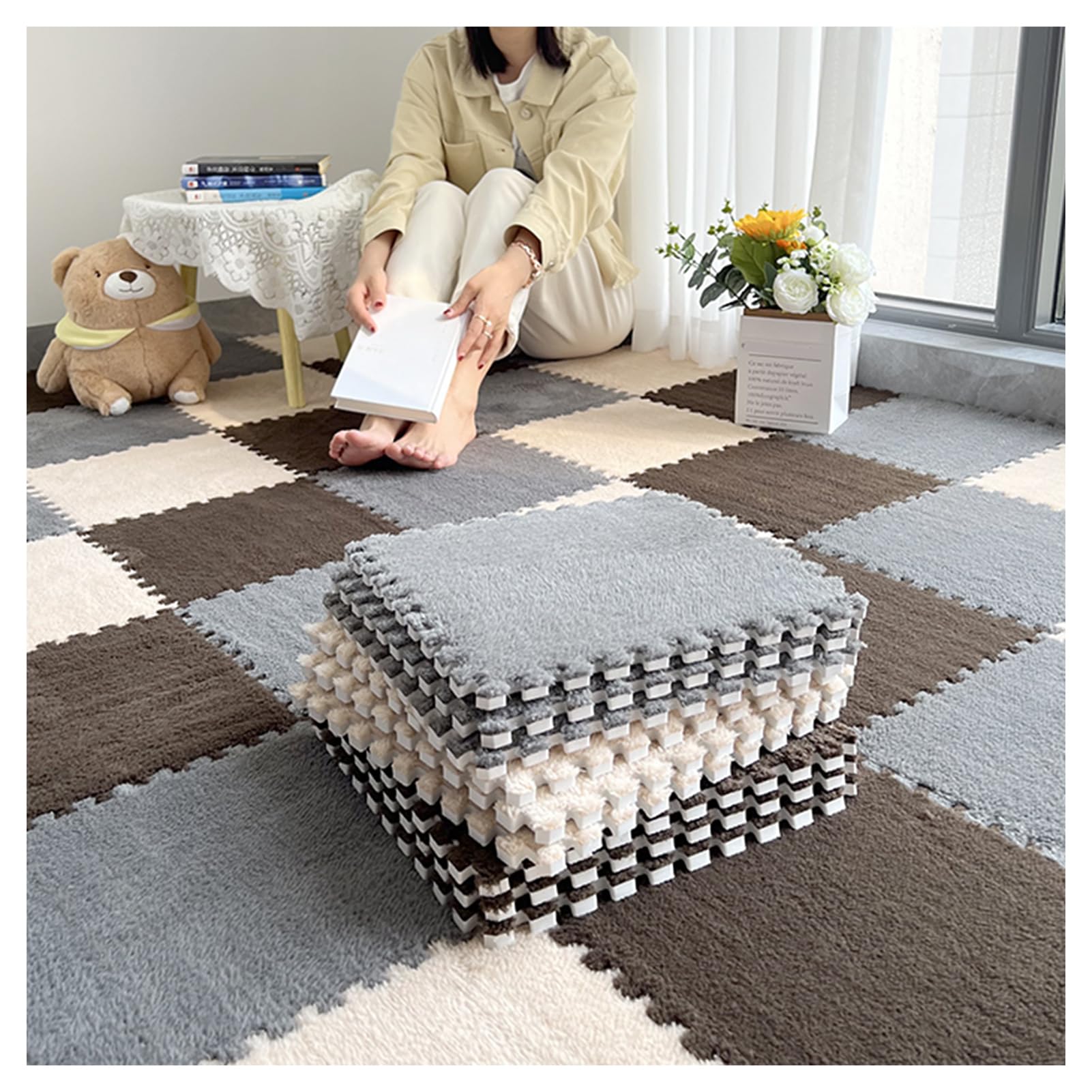 Teppichfliesen 50x50 Selbstliegend 10 Stück Plüsch Puzzle Schaumstoff Bodenmatte Ineinandergreifende Puzzle Floor Carpets Fluffy