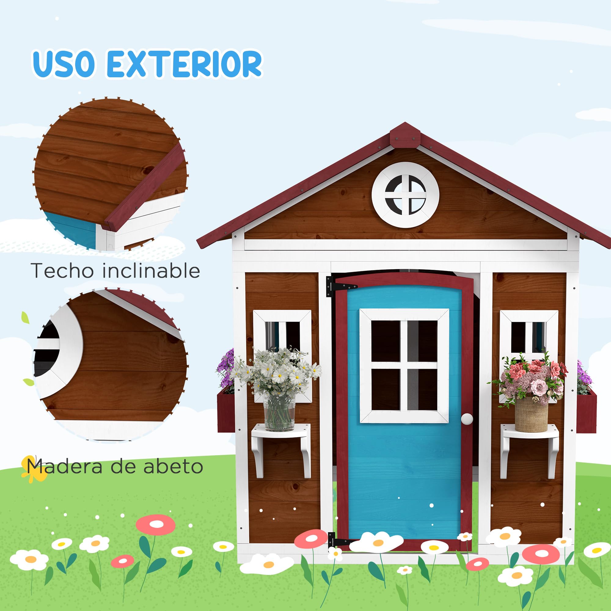 Outsunny Casita Infantil Madera Puerta Ventanas Jardineras Soportes Flores Casa Jardín Niños 3-8 Años Marrón Oscuro