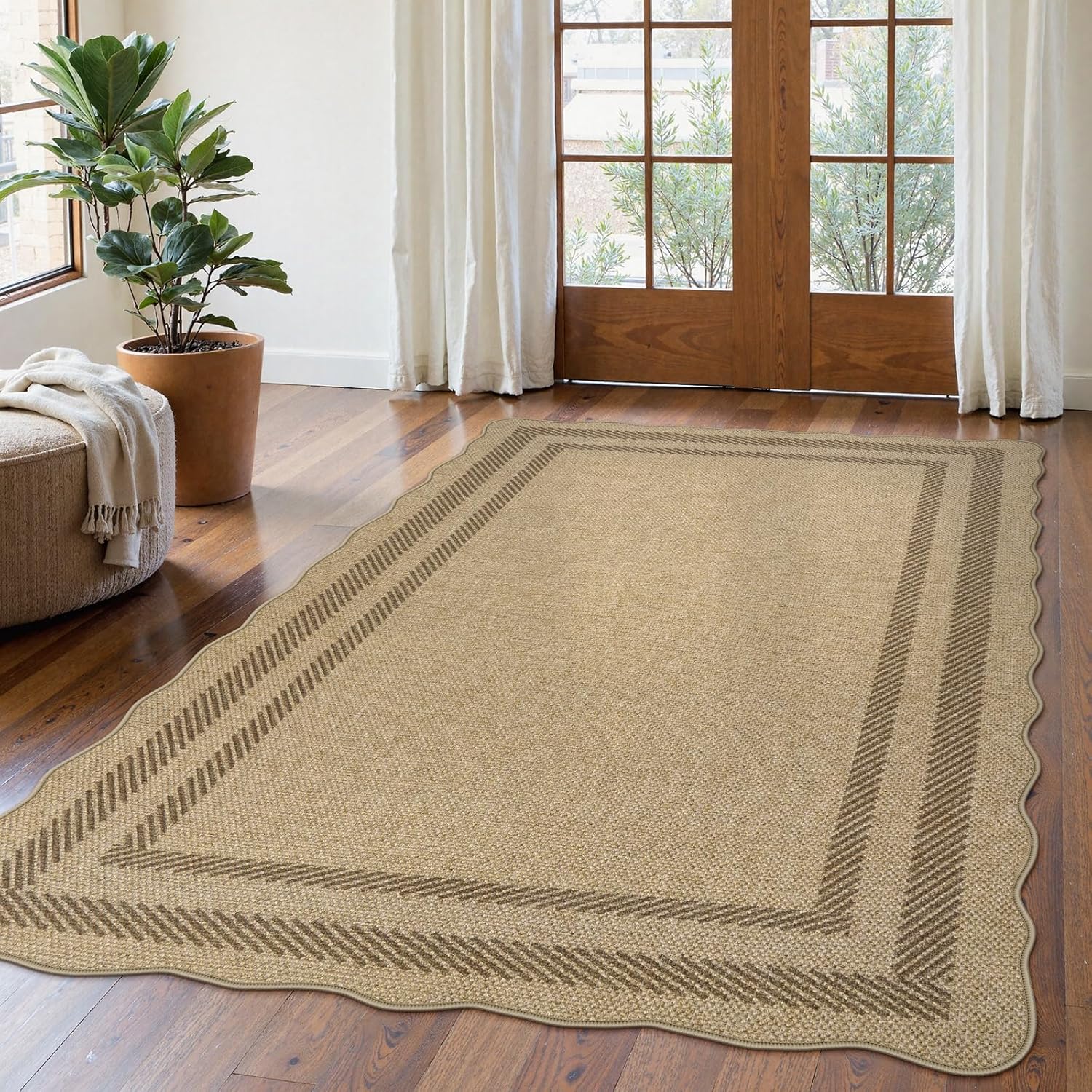 livebox scalloped washable 5x7 rug, easy jute tan rugs for living room, indoor geometric rug for bedroom, outdoor farmhouse non-slip rug dining room mat morden carpet area rug for home office 5‘ x 7’ tan/border 2