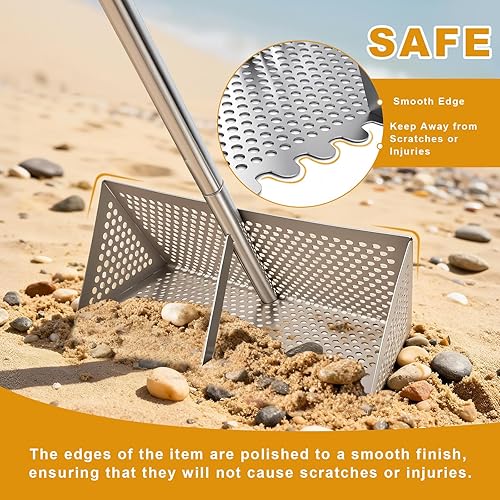 Miniatura 4 de Rastrillo de pulgas de mar para playa, atrapa cangrejos de arena de acero inoxidable 304 de alta calidad, tamiz de playa de 52 pulgadas de largo con