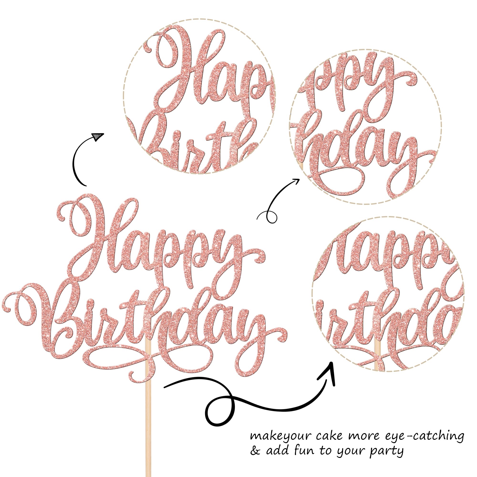 Piriuuo Happy Birthday Taarttopper – Roségoud Glitter, 14,2 Cm, Karton, Ideaal Voor Verjaardagsfeest En Jubileum
