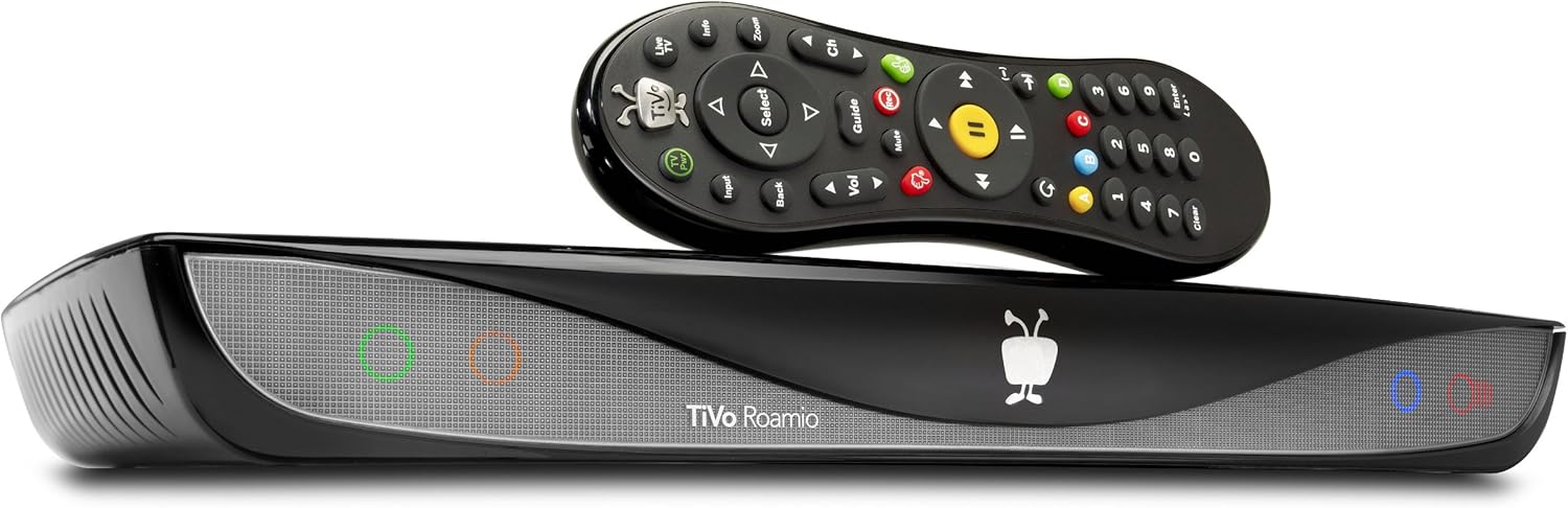 Жакынкы план view of the TiVo Roamio 500 GB DVR unit, showing indicator lights and branding.