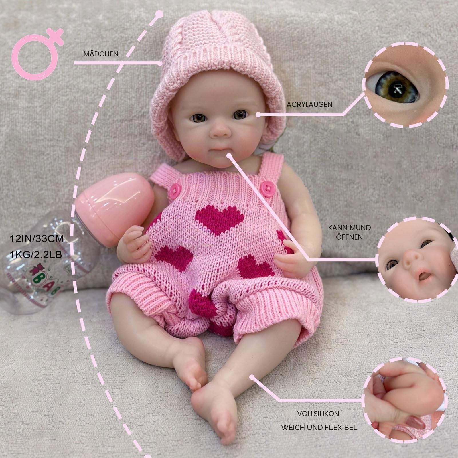 Gileutay 33cm Ganzkörper-Silikon-Babypuppen Mädchen Neugeborenen Puppen Offener Mund Lebensechte Babypuppe mit Fütterungszubehör