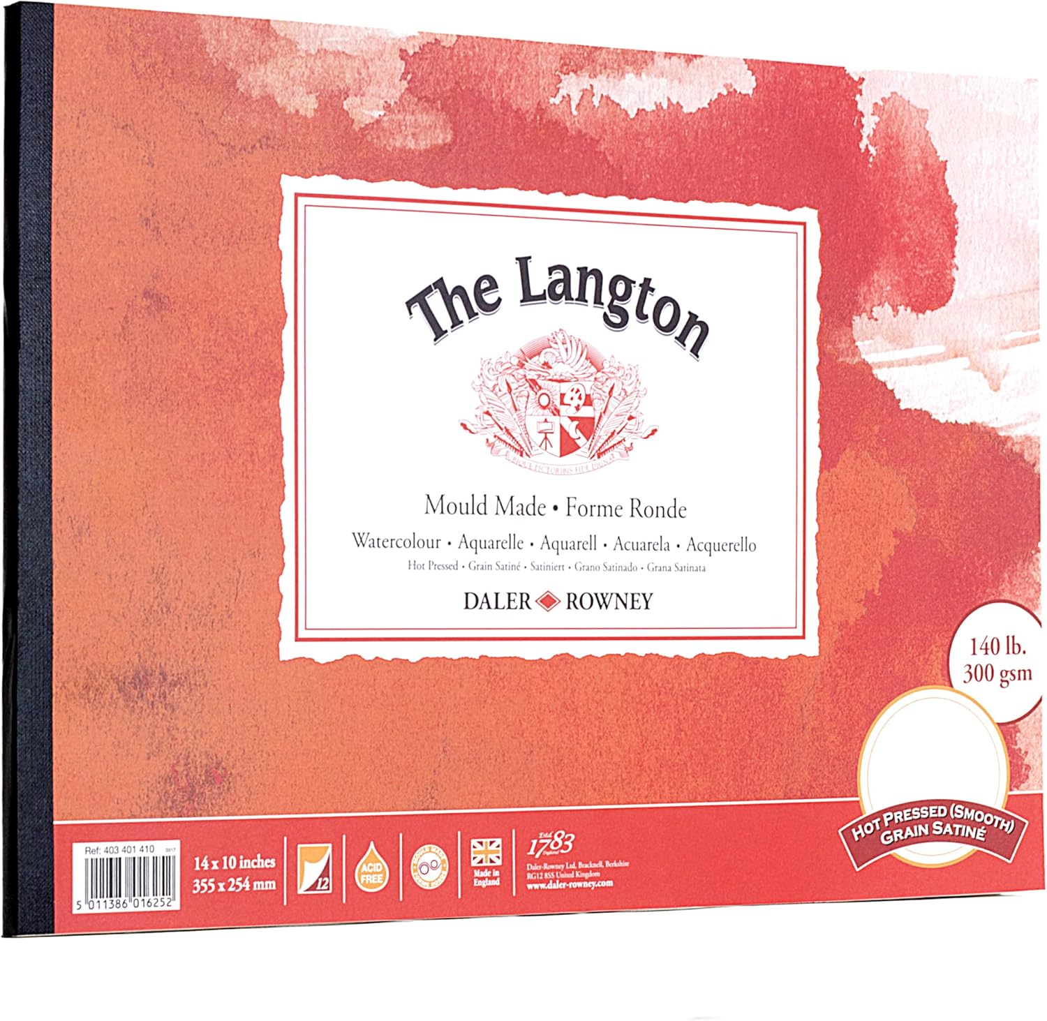 Daler-Rowney The Langton Hot-Pressed 300gsm 14 x 10in Watercolour Paper Pad, Glued 1 Side, Acid-Free, 12 Natural White Sheets, Ideal for Professional Artists