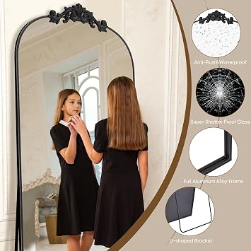 Antok Arched Full Length Mirror, 71x28 Floor Mirror with Carved, Full Body Mirrors for HomeDecor, Standing/Halling Large Wall Mirror for Bedroom, Living Room, Cloakroom, Black, Retro Style