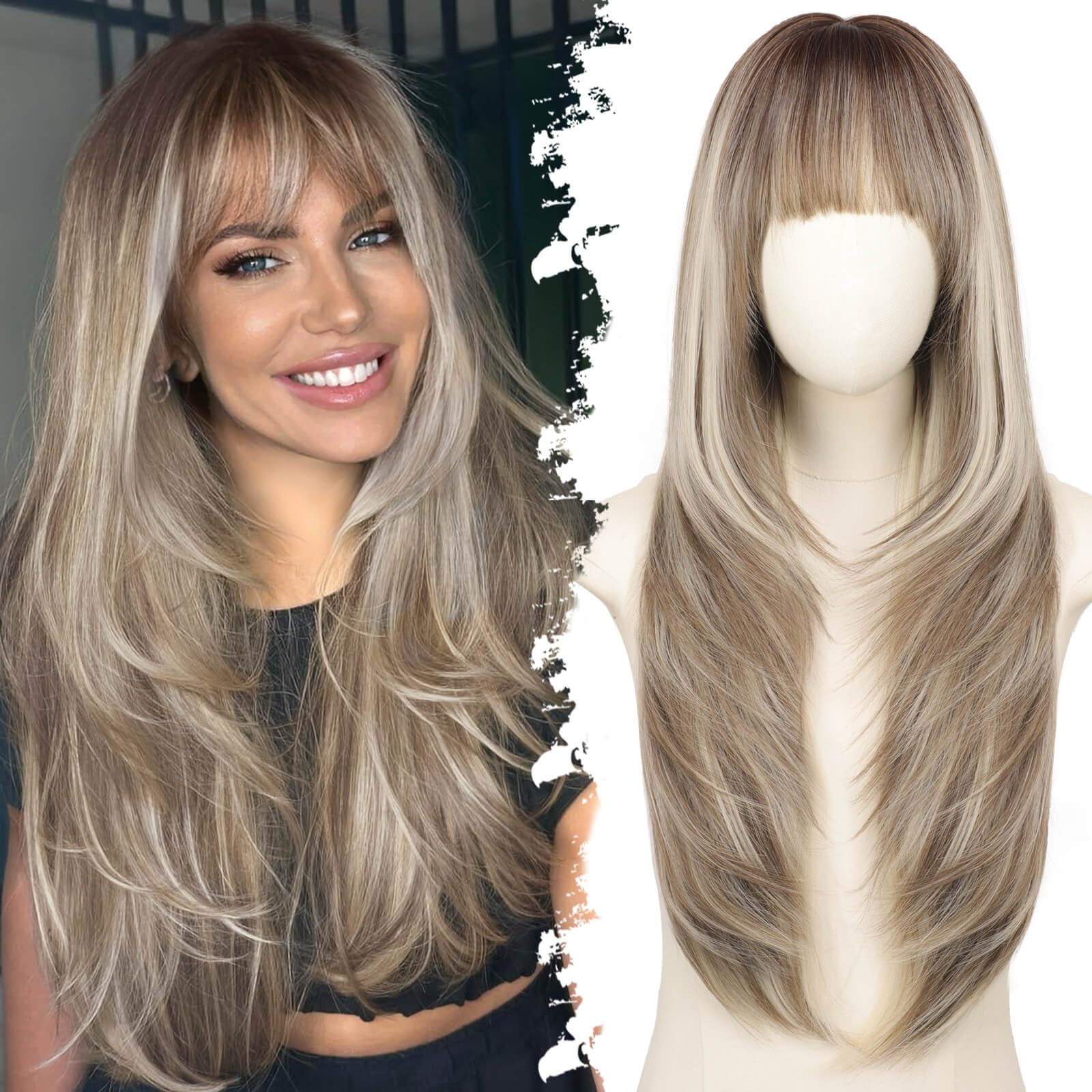 Long Ombre Ash Brown with Platinum Blonde Wig with Bangs for Women,4x4 Realistic Scalp,Free Parting,Layered Hairstyle Synthetic Heat Resistant for Daily Party Use 26 inch