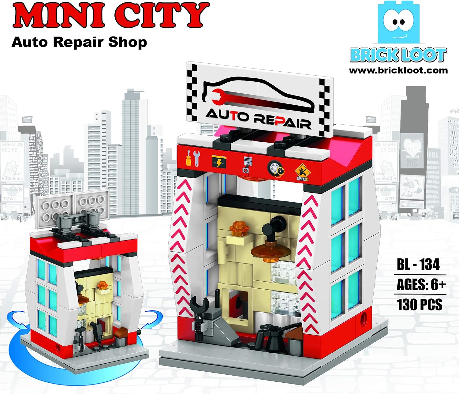 Brick Loot Exclusive Mini City Auto Repair Shop - Custom Designed Model - Compatible with Lego and Other Major Brick Brands