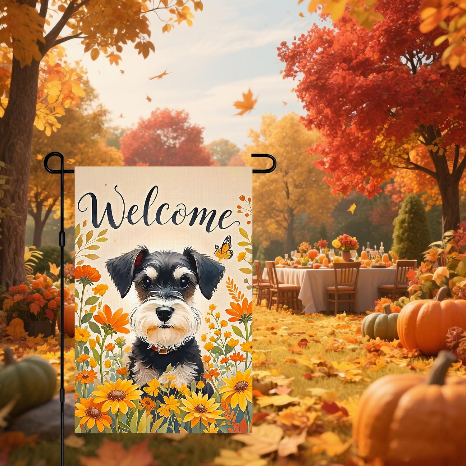 Fall Garden Flag 12x18 Inch Welcome Schnauzer Dog Outdoor Flag Double Sided Autumn Yard Banner with Sunflowers and Butterflies for Porch Lawn Patio - Image 7
