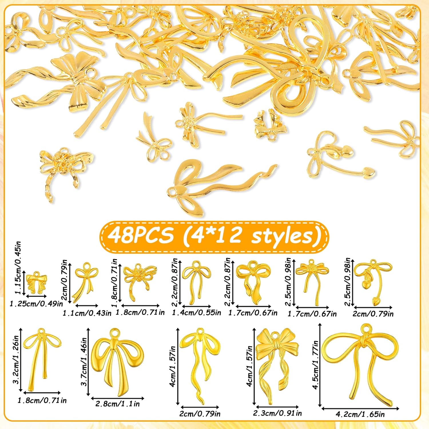 48PCS 12 Styles Gold Bow Charms, Golden Bow Tie Connector Charms, Bow Earring Connectors, Christmas Bell Bow Charms, Metal Bow Link Charms for DIY Necklace, Bracelet, Jewelry Making - Image 2