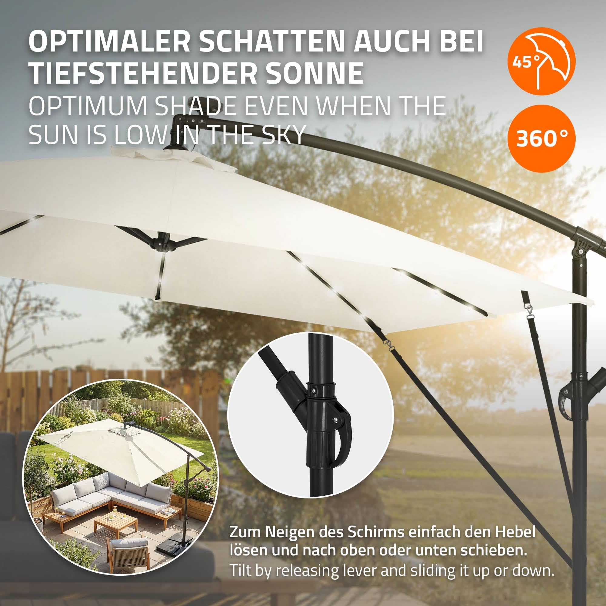 ML-Design Sombrilla de Jardín Ø 330 cm de Aluminio con/sin LED Parasol Voladiza de Terraza, Giratoria 360°, Inclinable y con Manivela Protección Solar UV50+ e Impermeable, incluye Soporte y Funda
