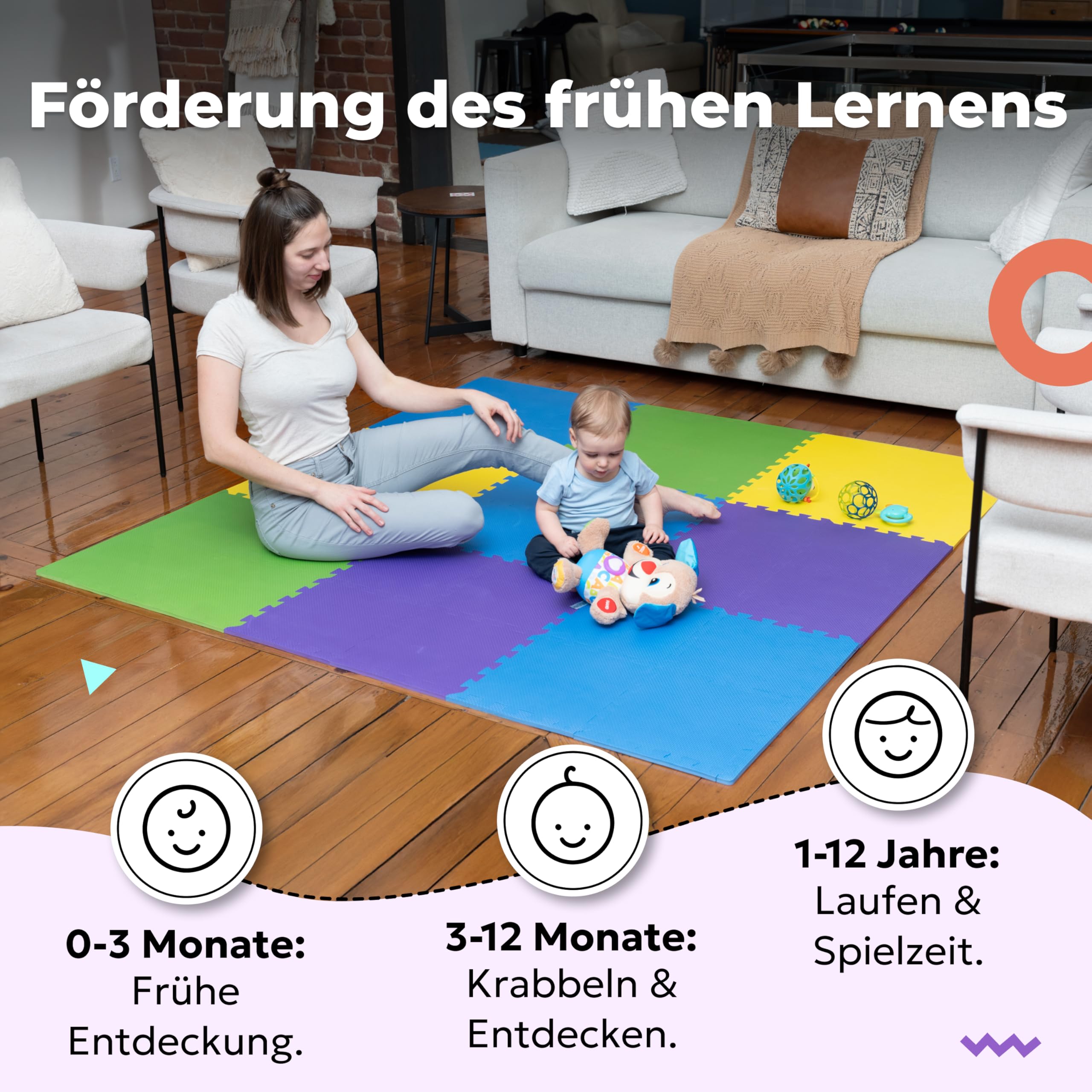 MioTetto Krabbelmatte Baby - Zertifiziert, Sicher, Robust - Spielmatte Baby, Puzzlematte, Kinderteppich - Stilvolle, Wasserfeste, Einfache Montage - Für Familien & Großeltern, 16/36 Fliesen