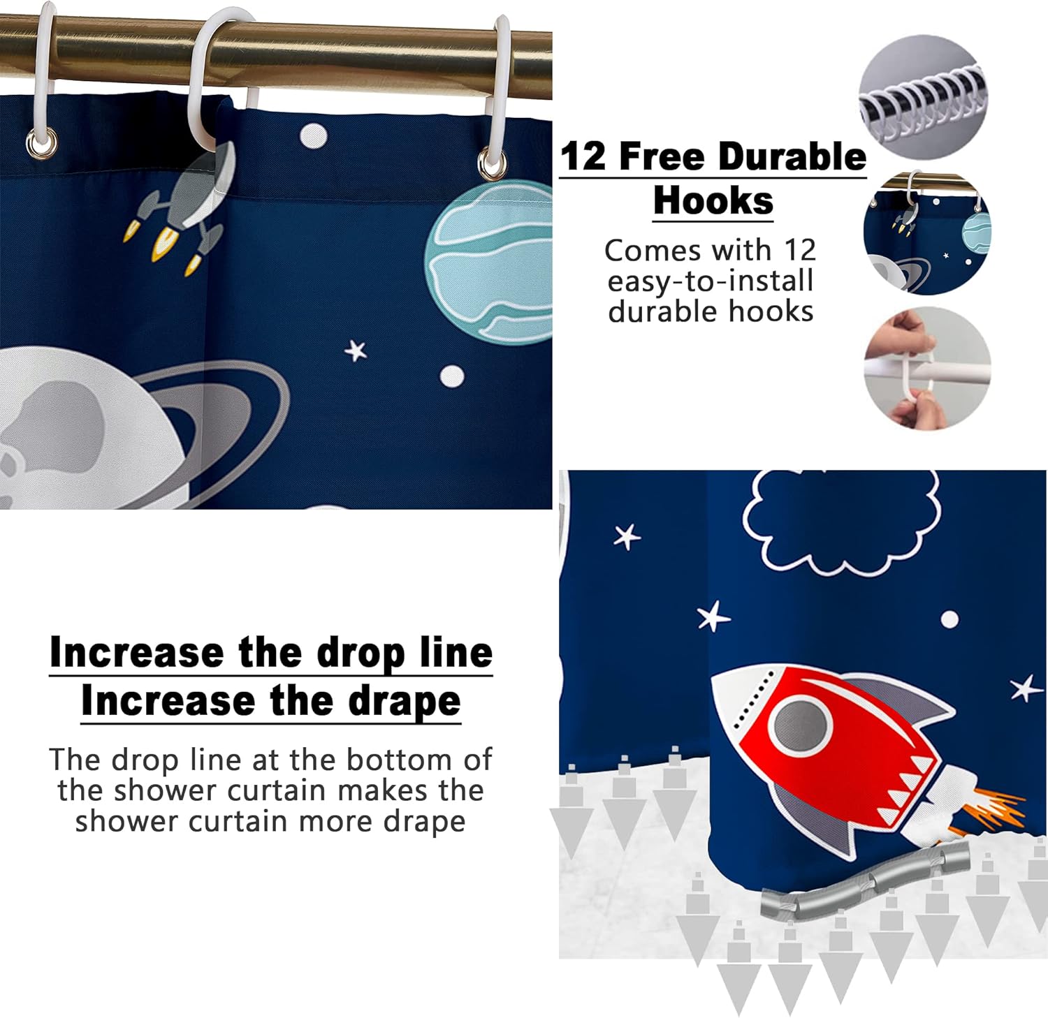 Poedist 4 Pcs Bathroom Shower Curtain Set,Kid's Bathroom Set,Cosmic Space Shower Curtain Sets with Rugs(Bath Mat,U Shape and Toilet Lid Cover Mat) and 12 Hooks