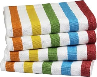 COTTON CRAFT Oversized Kitchen Towels - 4 Pack 100% Cotton Absorbent Towels | Large 20x30 Multi Stripe Basketweave Dish Towel - Reusable Low Lint Quick Dry Cooking Drying Restaurant Bar Cleaning Cloth