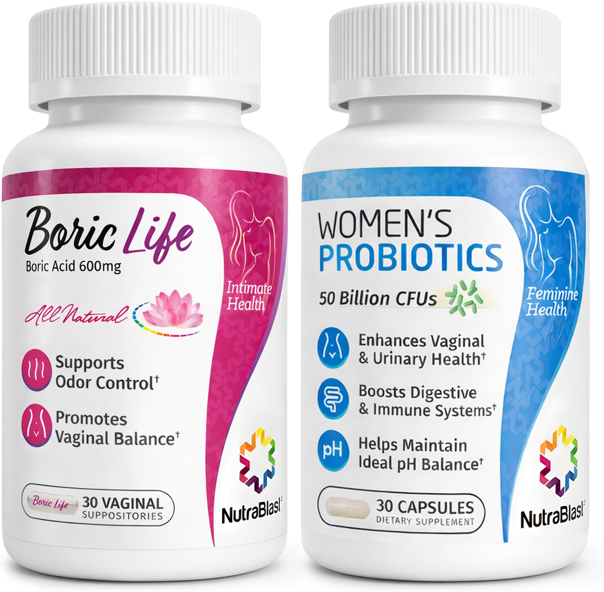 NutraBlast Boric Acid Suppositories Bundle with Women's Probiotics | Supports Odor Control | Digestive, UT & Intimate Health | Promotes Healthy Intimate Balance (30 Count)
