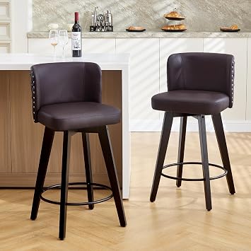 Swivel Bar Stool Set of 2, Faux Leather Low Back Counter Height Bar Stools, 27.5" Upholstered Tufted Counter Barstools with Wood Legs for Kitchen Island, Home Bar Brown