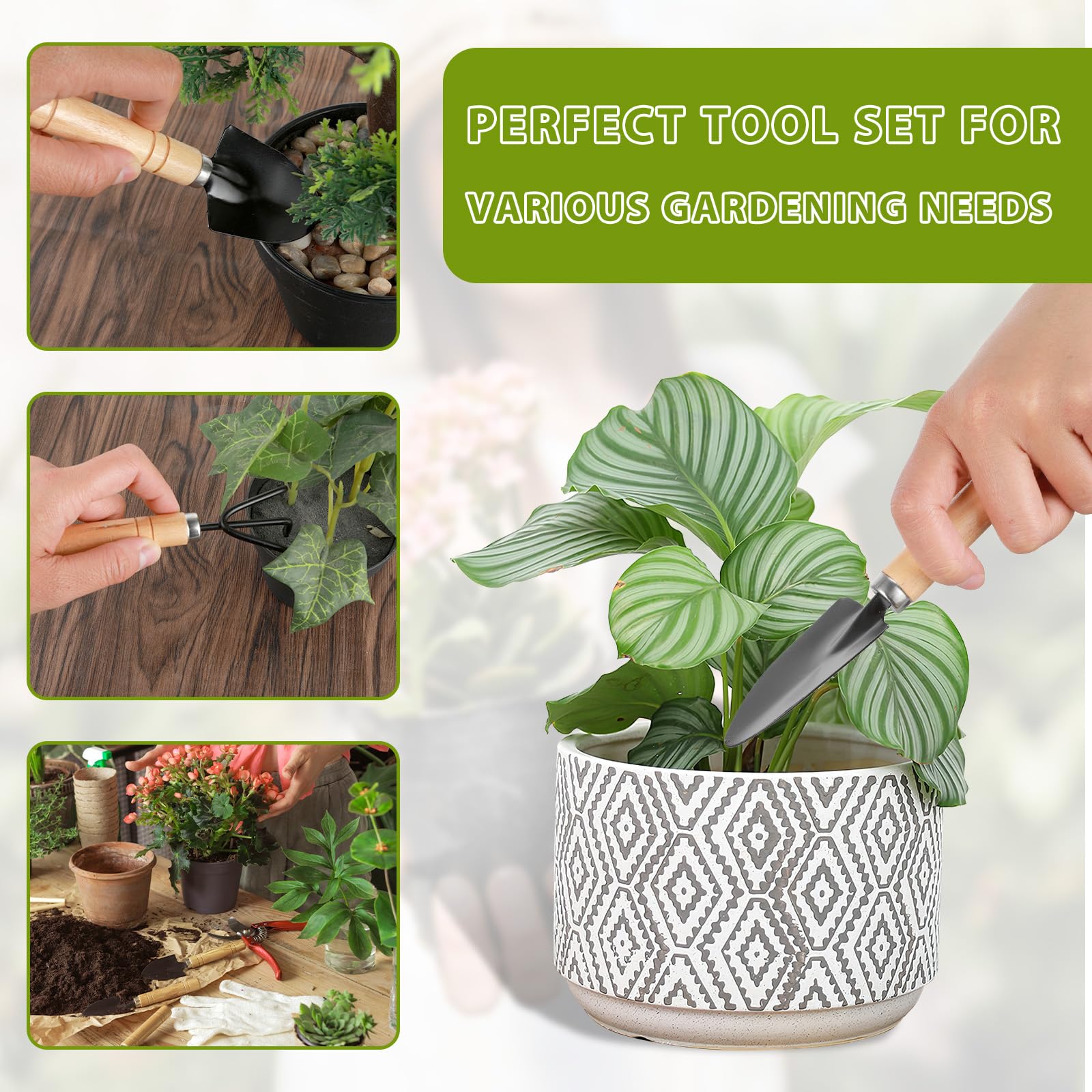 COMNICO Zestaw narzędzi ogrodowych, wytrzymała, żelazna, mała łopatka do sadzenia, mini łopatka ręczna z ergonomicznym antypoślizgowym drewnianym uchwytem, prezenty dla mężczyzn i kobiet, 3 szt