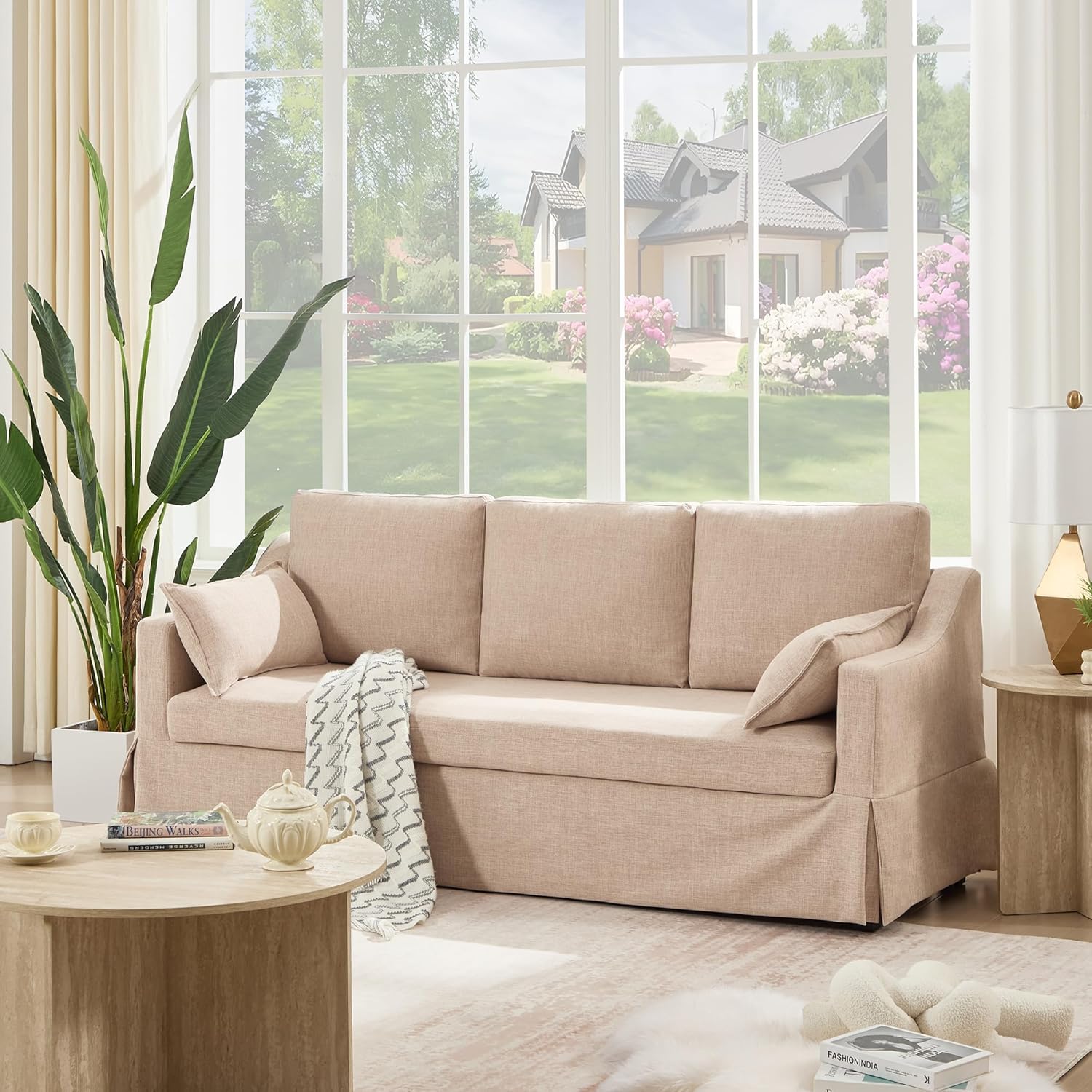 Tbfit 80.7" Slipcovered Couch, 3 Seater Sofa, Vintage Sofas with Removable Cover, Pocket Spring Cushion, Mini Couches, Living Room Furniture for Home, Apartment, Farmhouse, Khaki