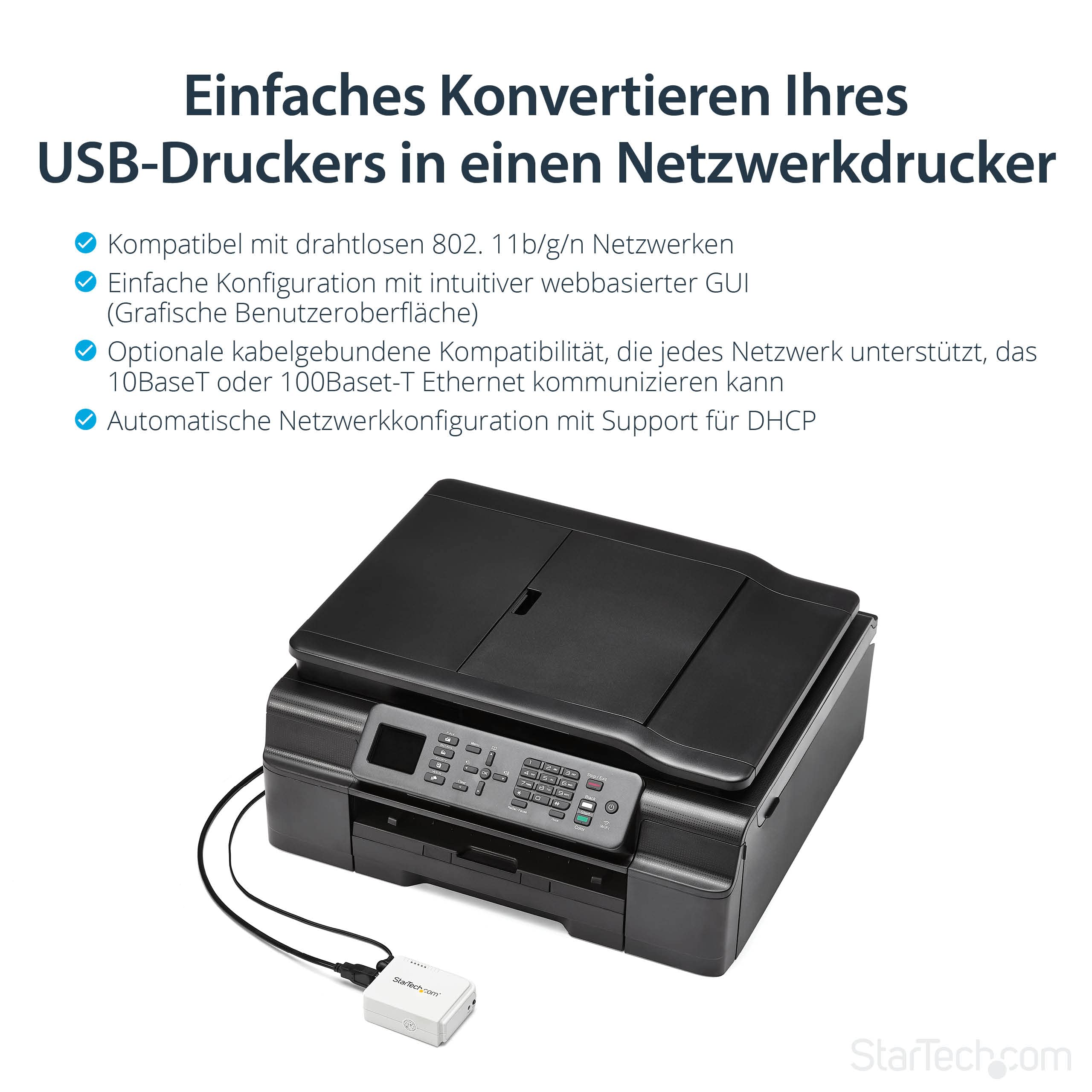 StarTech.com 1 Port USB WLAN 802.11 b/g/n Printserver mit 10/100 Mb/s Ethernet Anschluss - Wireless-N Druckerserver / Print Server