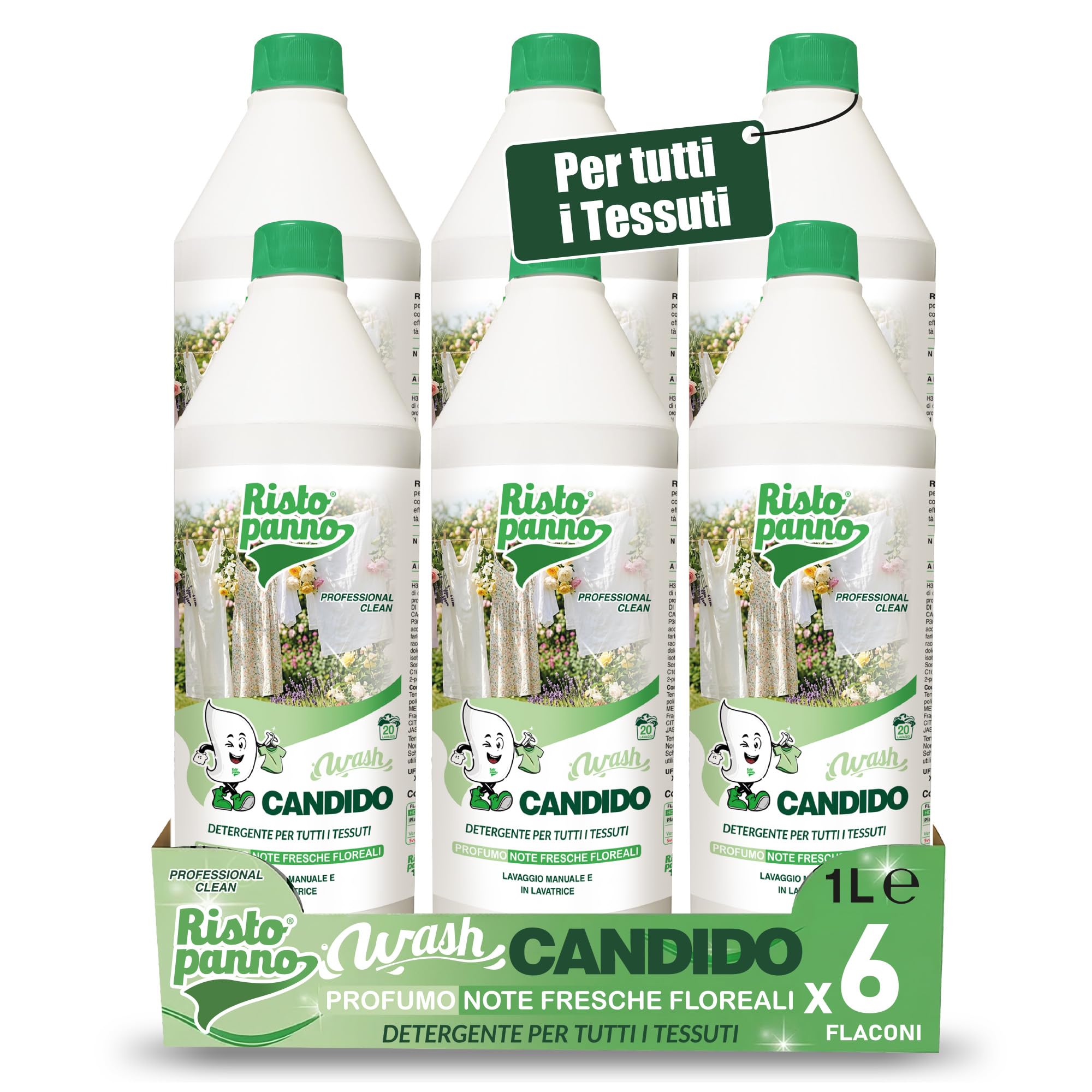 6 PZ x 1L Detergente Enzimatico Concentrato per Bianchi e Colorati - Fragranza Floreale - Detersivo Lavatrice Liquido Bucato a Mano e Lavatrice - Azione Sinergica 4 Enzimi (WASH CANDIDO)