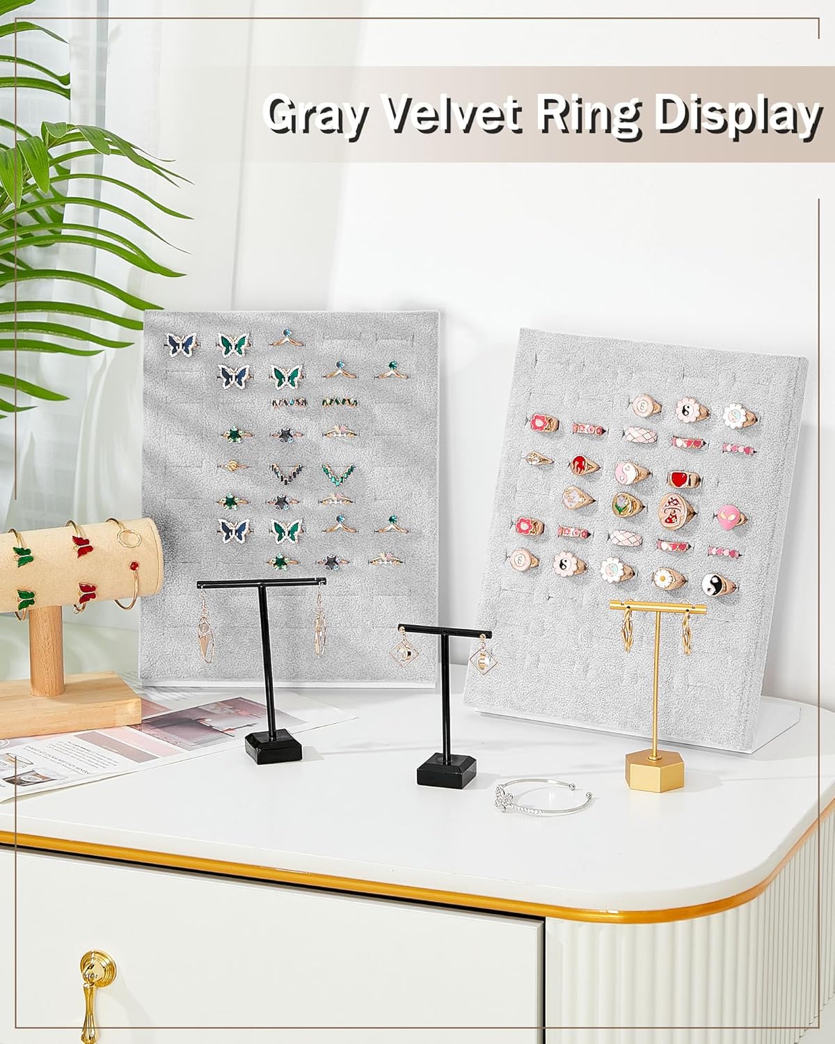 Henoyso 4 Pcs Velvet Ring Display 50 Slots L-Shaped Ring Display Stand Tray Holder for Selling Earring Jewelry
