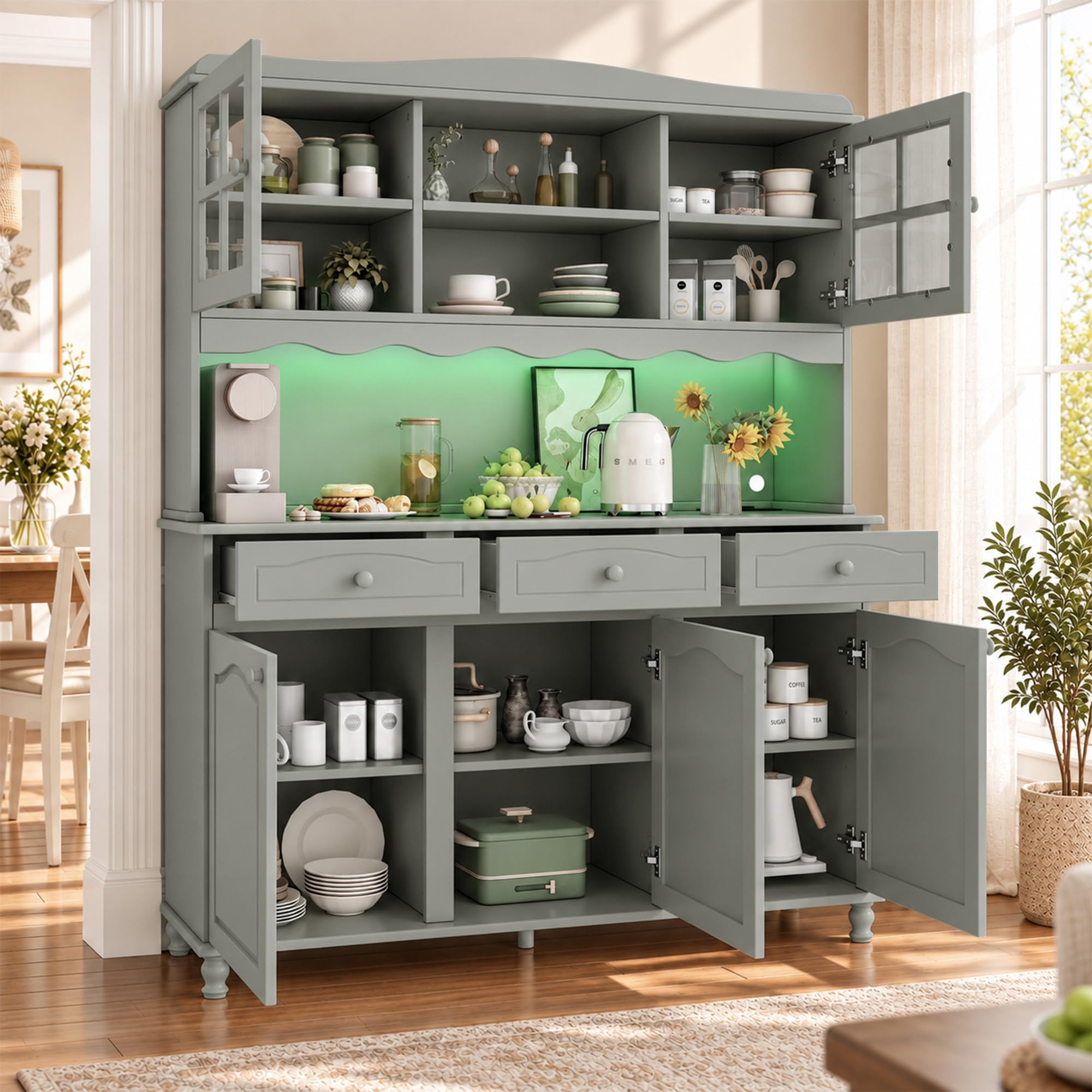 Kebnor Armadietto alto per buffet, sala da pranzo, 135 x 40 x 185 cm, spazio di archiviazione multilivello, presa integrata e porte USB-C e USB-A, strisce LED colorate, grigio verde