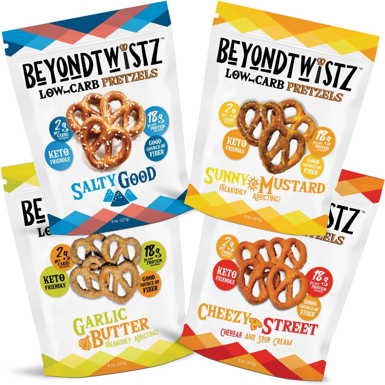 BeyondTwistz Low Carb Pretzels, Ultimate Sampler Pack, Keto Friendly, 2g Net Carbs, 18g Protein, Powered By HealthSense® High Fiber Wheat Flour, Family Size 8oz Bag, Pack of 4