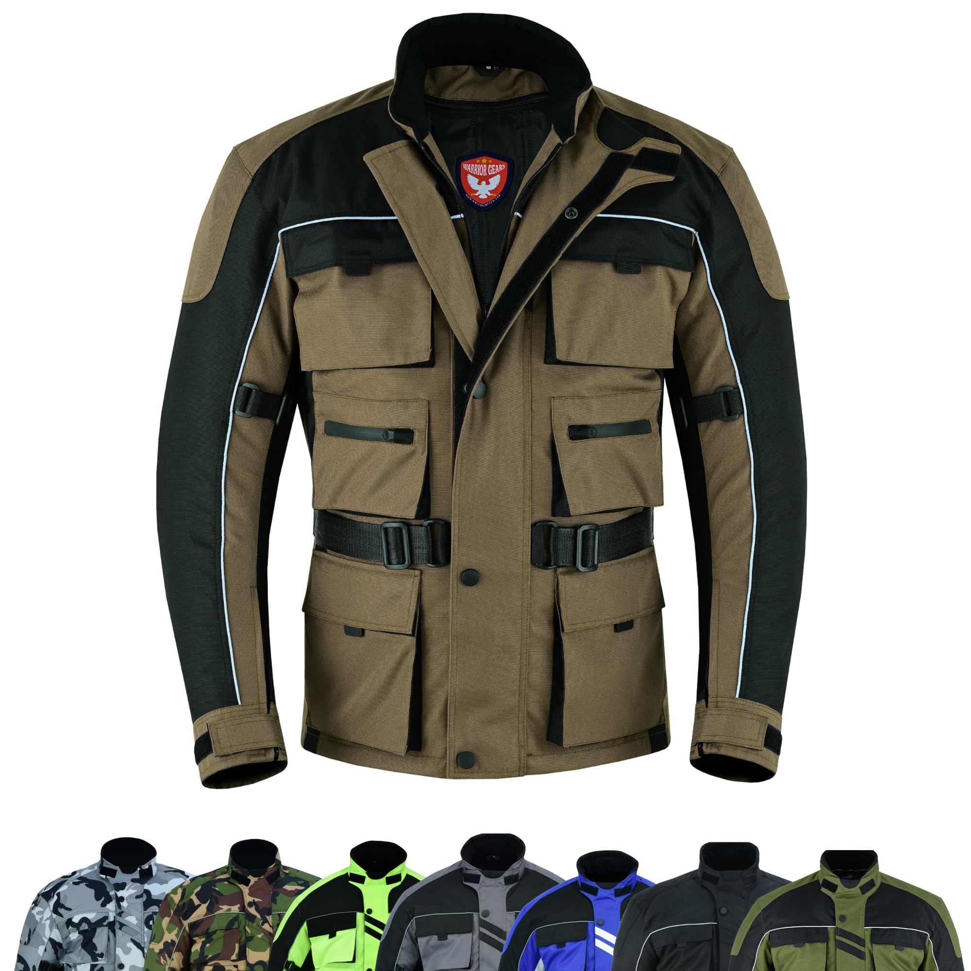 warrior gears 6 Pockets Mens Motorcycle Jacket, Textile Racing Motorbike Jacket, Hi-Vis Biker CE Protective Armored Jackets Mens Waterproof & Mesh Lining Breathable, Brown - 5X-Large
