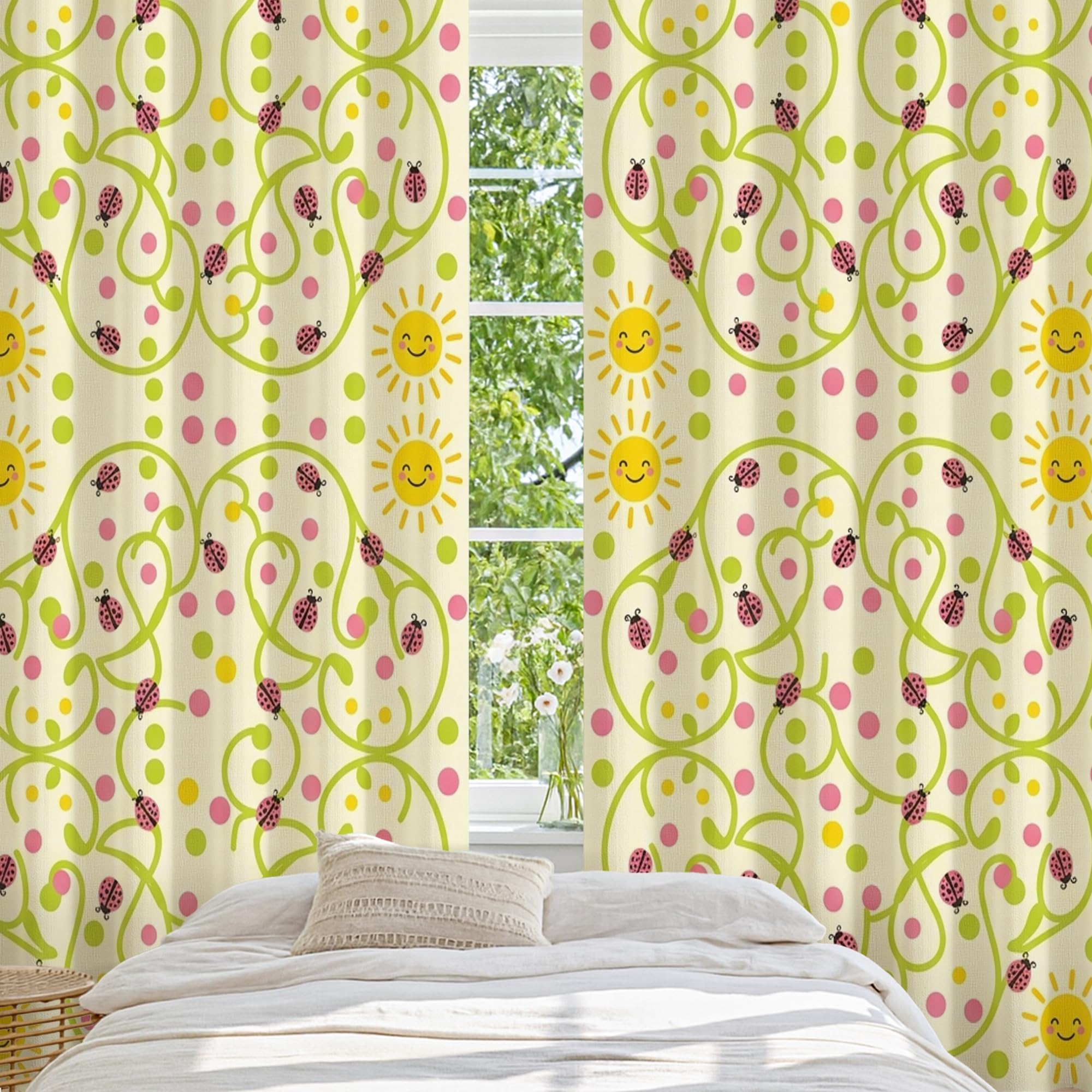 Tende oscuranti per sole, giocose fantasiose coccinelle rampicanti gialle termiche tende per finestre per ufficio, 132 x 239 cm