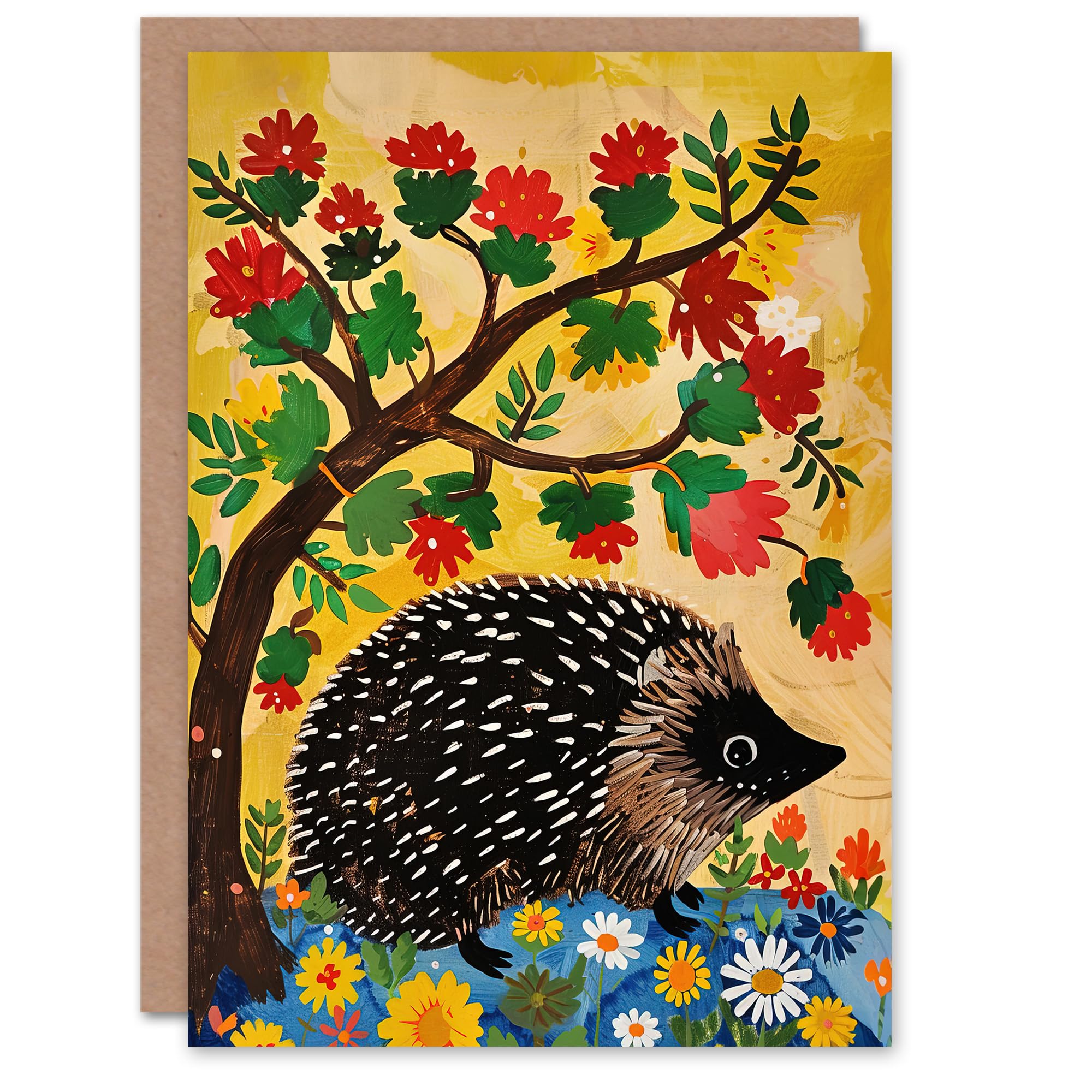Artery8 Charming Hedgehog Under Tree Flowers Folk Art Greeting Birthday Card Him Her All Blank