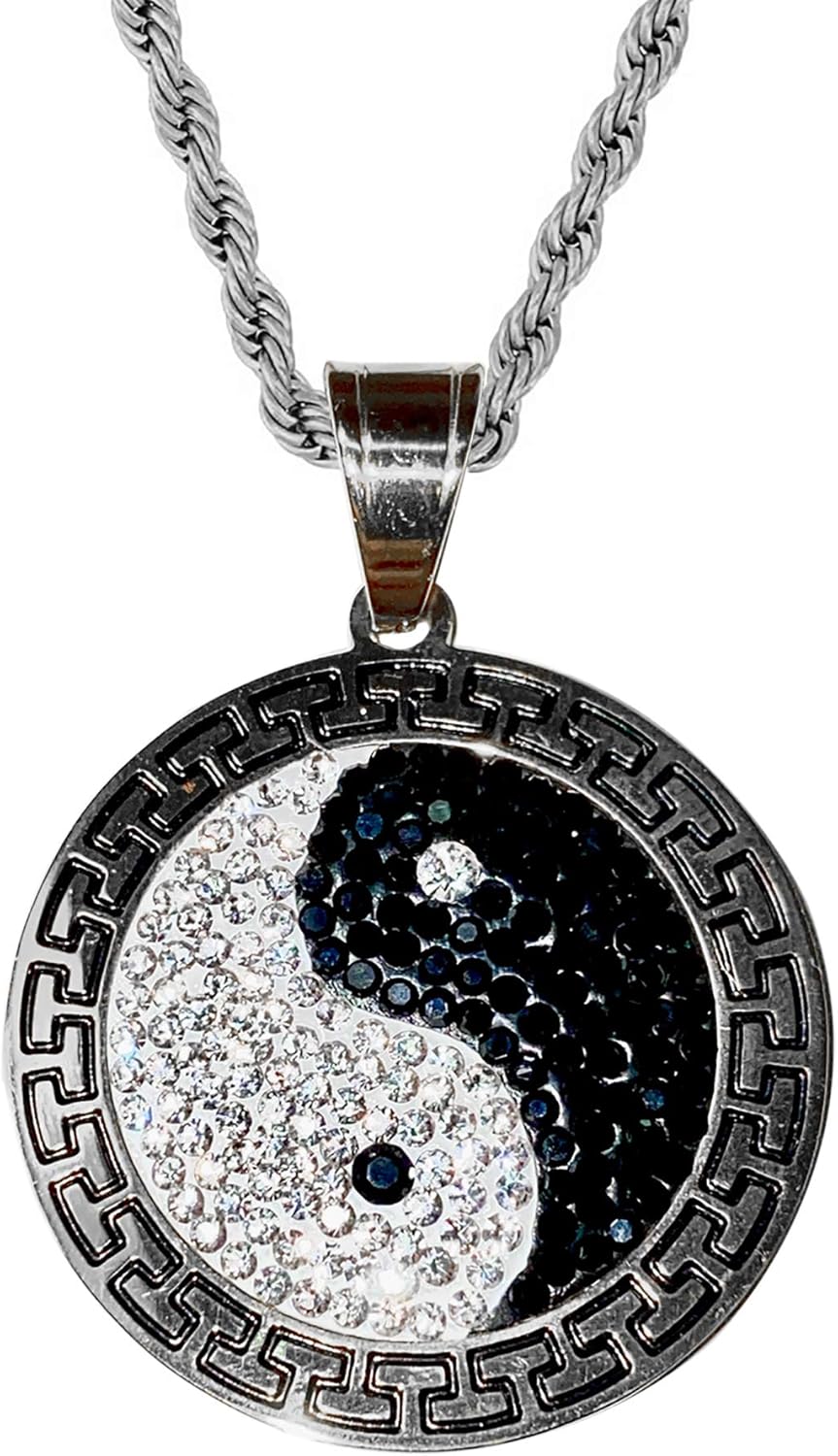 Yin-Yang Pendant Necklace – Men & Women 14k White Gold Finish, Iced Out Taoist Taichi Symbol Medallion, 925 Italy Stainless Steel, 2.5mm Rope Chain