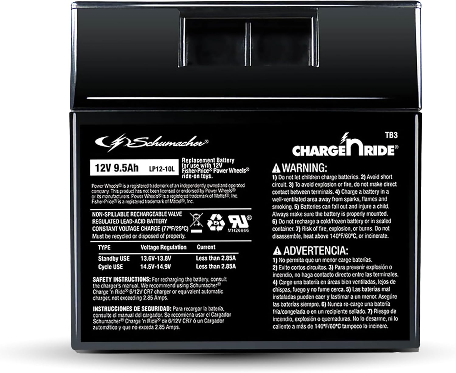 Schumacher Electric 12V Battery for Ride on Toys - TB3 12V 9.5 Amp Hours & Replaceable Fuse - Rechargeable 12V Ride On Replacement Battery for Fisher-Price Power Wheels Vehicles - Safe & Easy to Use