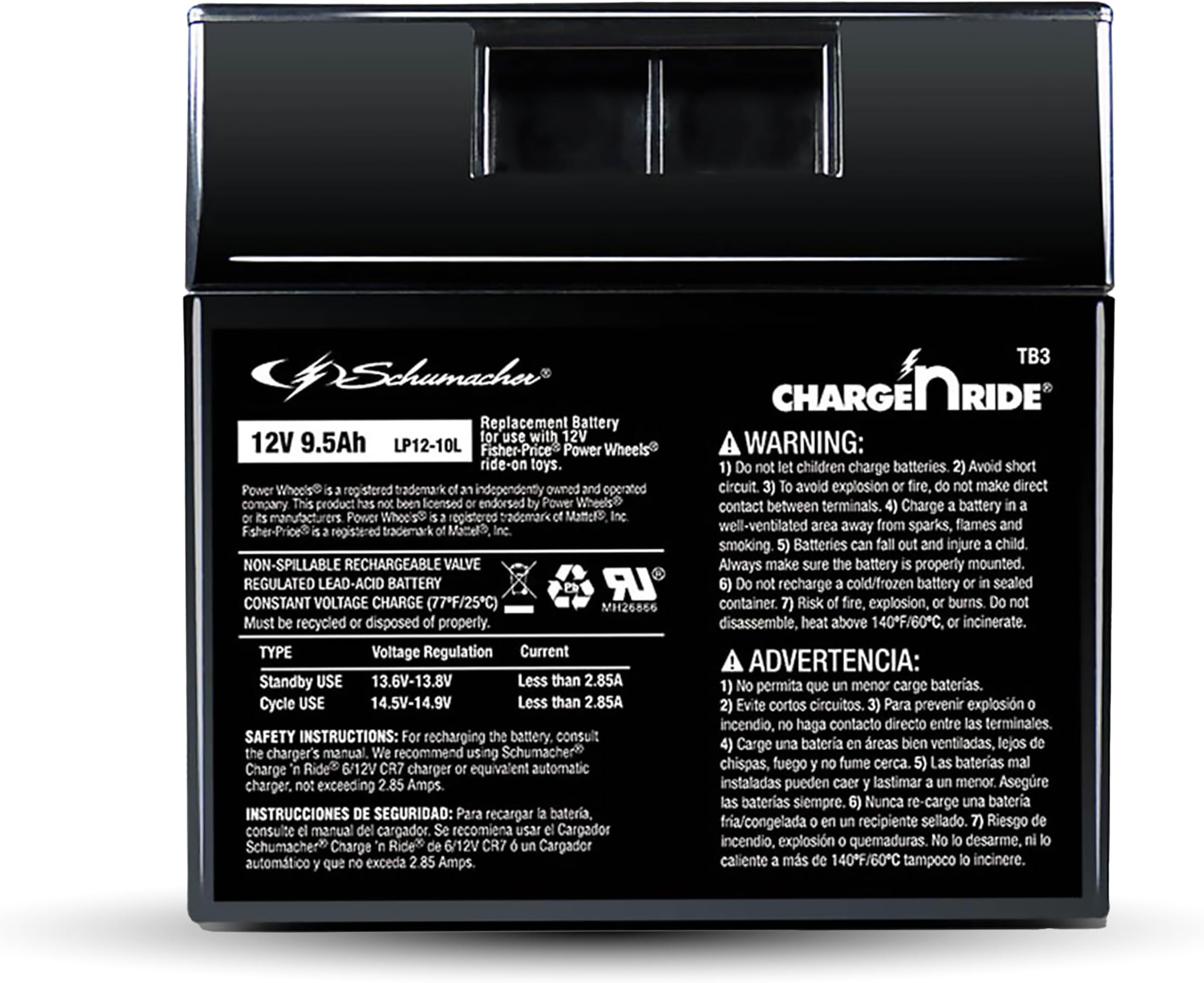 Charge ‘n Ride Rechargeable Replacement Battery for Ride-on Toys, Compatible with Fisher-Price Power Wheels, 12V, 9.5 Amp Hours, TB3