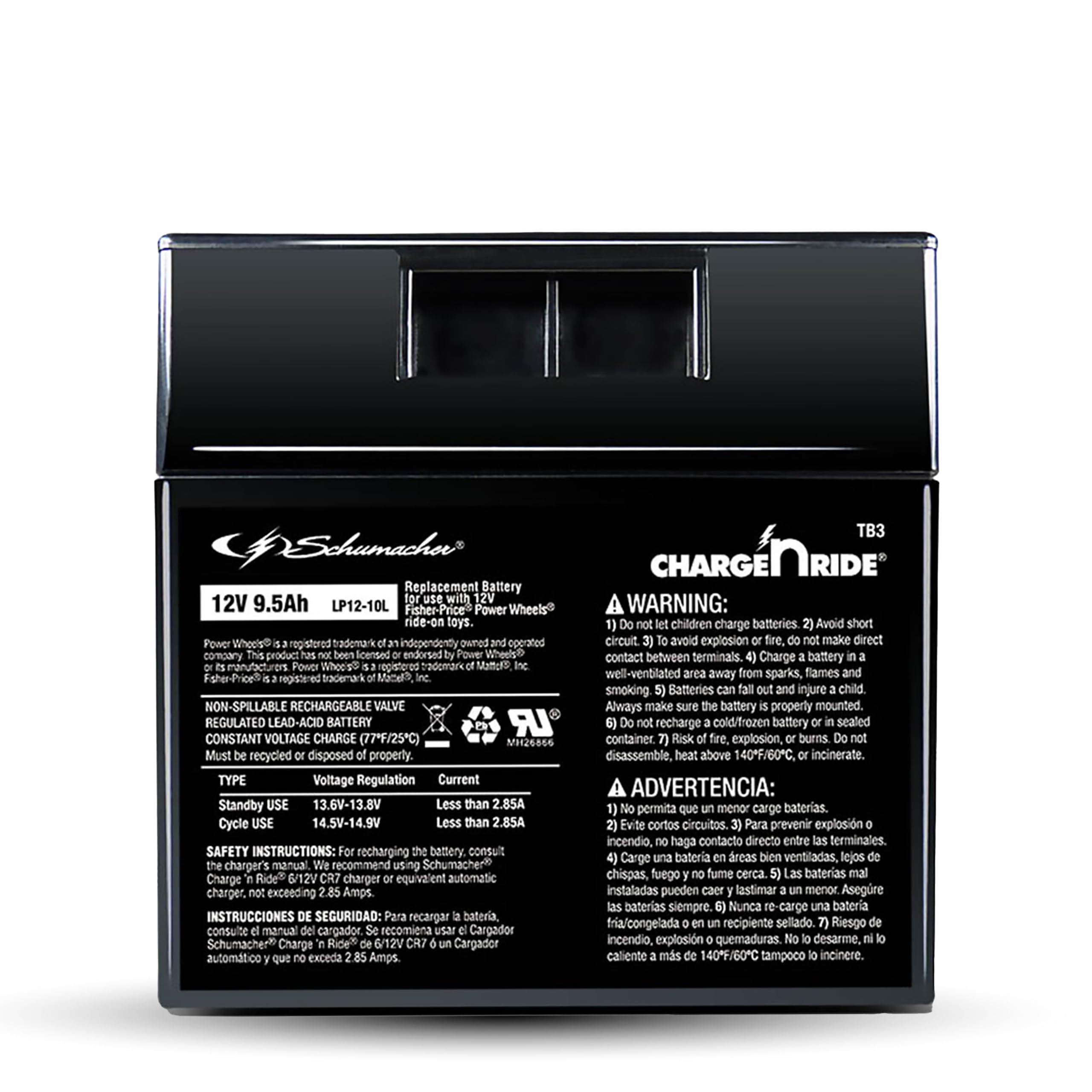 Schumacher Electric 12V Battery for Ride on Toys - TB3 12V 9.5 Amp Hours & Replaceable Fuse - Rechargeable 12V Ride On Replacement Battery for Fisher-Price Power Wheels Vehicles - Safe & Easy to Use