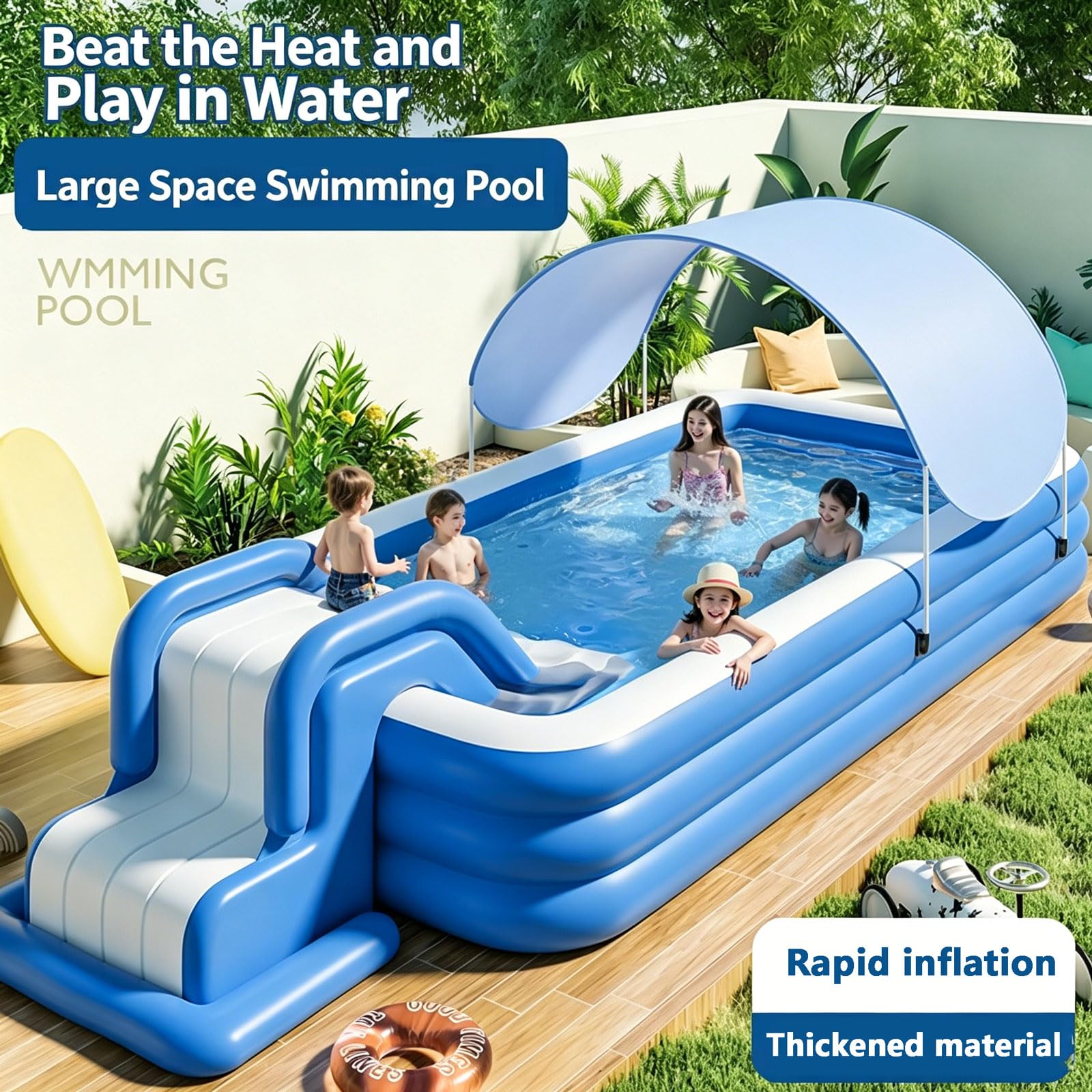 Piscina Gonfiabile per Adulti e Bambini 250 * 140 * 52cm Grande Piscina Gonfiabile Familiare a 3 Anelli con Scivolo e Parasole Materiale Spesso in PVC per Cortile Esterno da Giardino