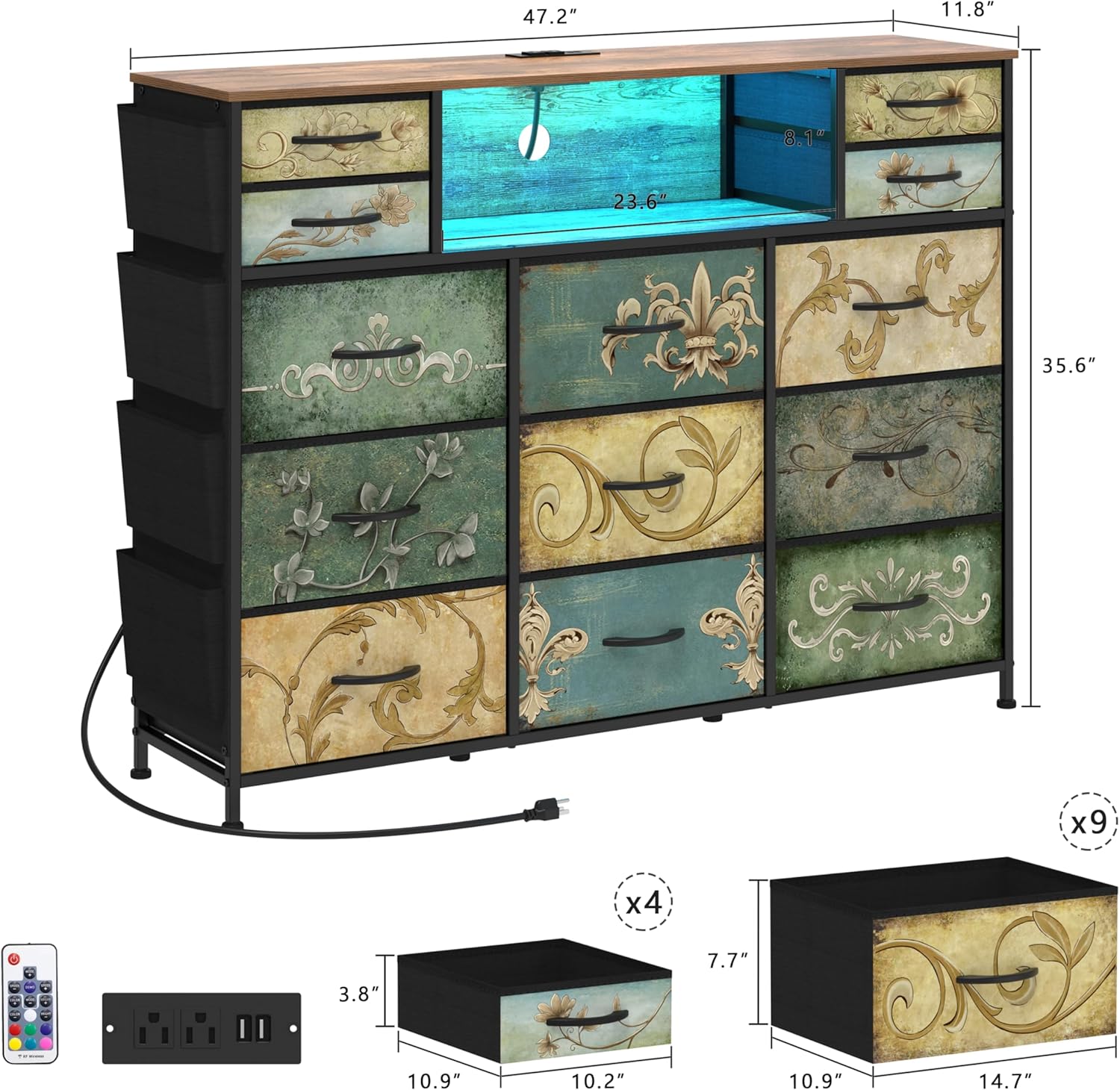 Tohomeor Retro Dresser with Charging Station & LED Light with Boho Fabric Drawers for Bedroom Chest of Drawers TV Stand with Power Outlet Open Shelf Storage (13 Drawers)