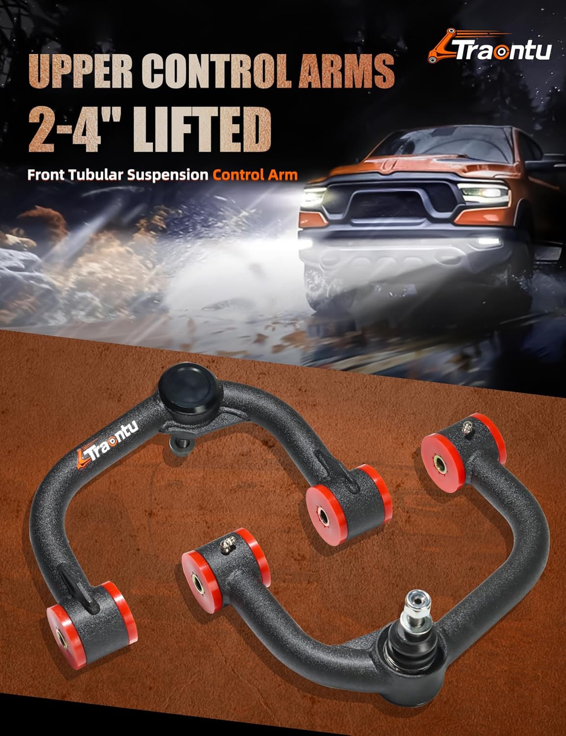 Upper Control Arms for 2004–2020 Ford F-150 2WD 4WD, 2–4 Inch Lift Tubular Upper Control Arms, 1.25" DOM Steel, High-Angle Ball Joint with Aluminum Dust Cap, Wrinkle Black