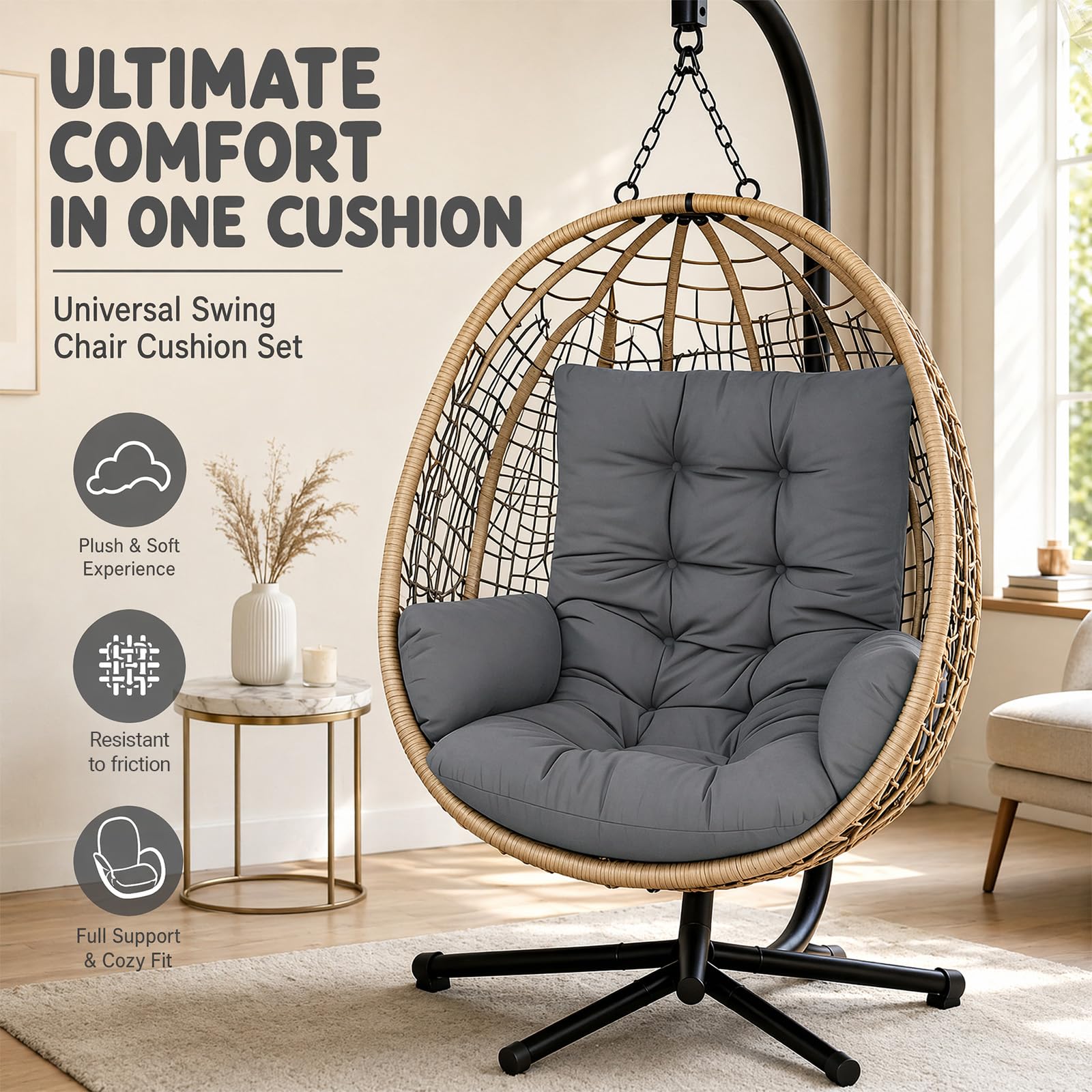 Coussin pour balancelle suspendue, coussin de chaise suspendue, coussin de jardin, coussin de siège lavable, coussin épais pour panier suspendu extérieur (gris foncé)