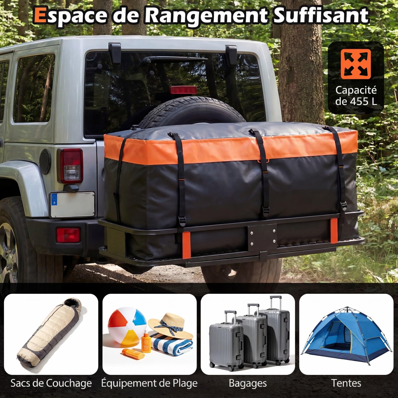 COSTWAY Coffre Attelage 453 L, Coffre Arrière pour Attelage de Remorque avec PVC Imperméable 8 Sangles Renforcées Sac de Rangement, pour Tous Les Véhicules avec Porte-Bagages Attelé