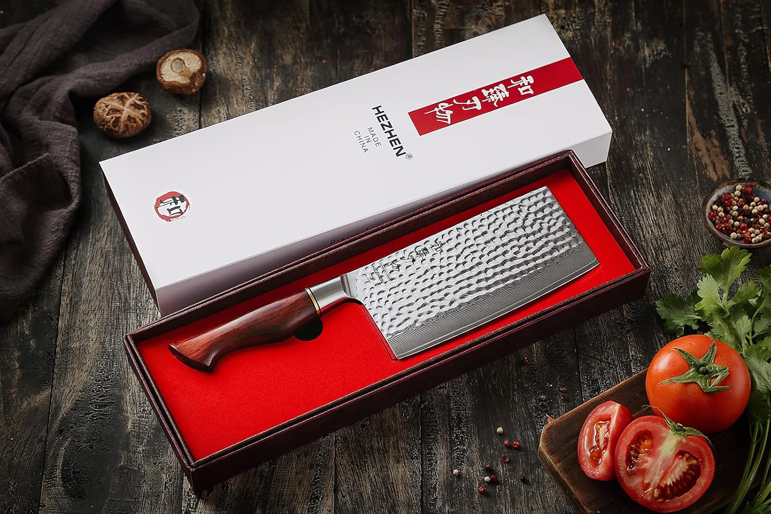 HEZHEN Chinese Chef Knife 6.8 Inch- Meat Cleaver, Chinese Cleaver Knife, Premium Damascus Powder Steel-Natural Rosewood Handle-Master Hammered Finish Series