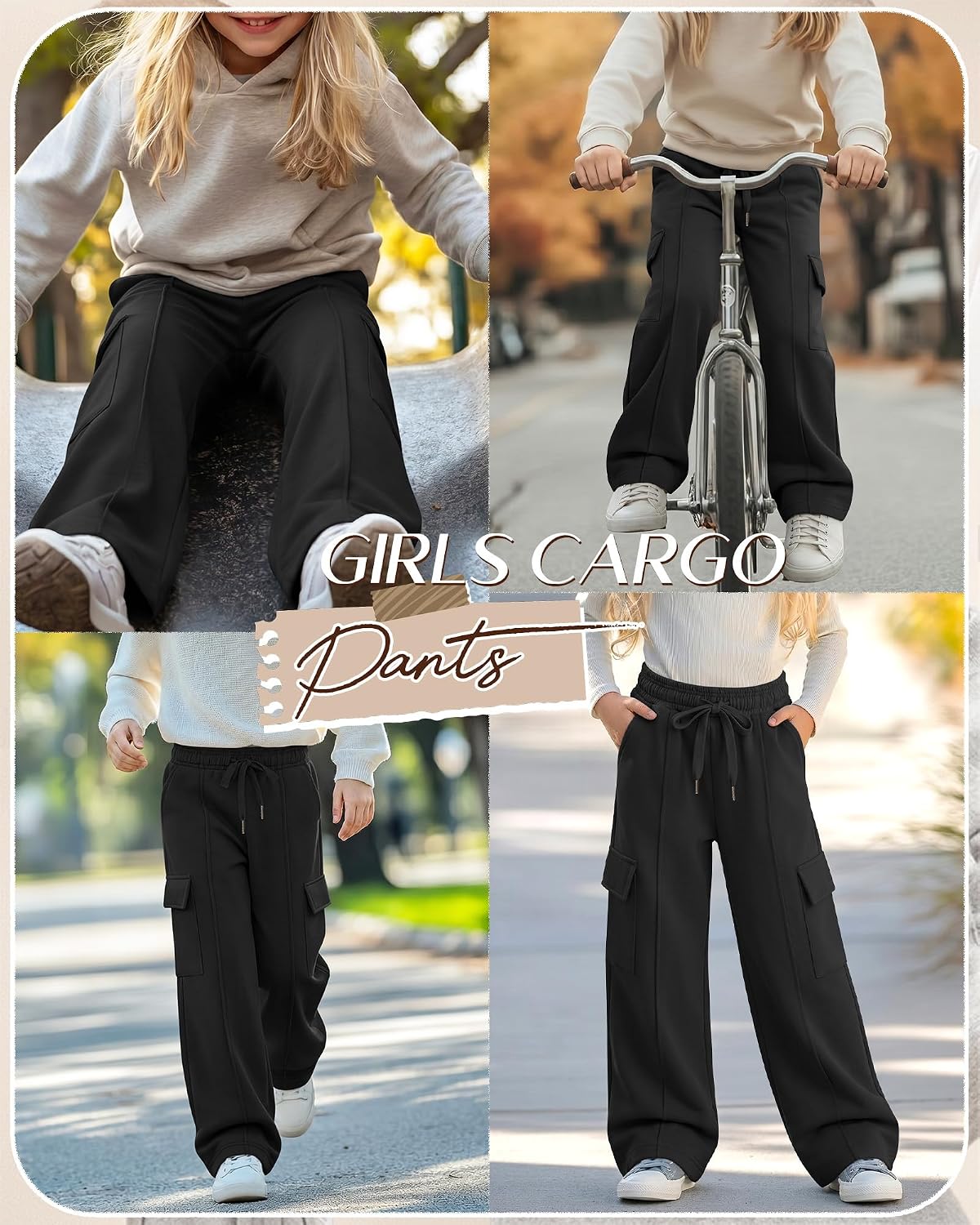 Girls Cargo Pants Wide Leg Sweatpants Kids Baggy Casual Pants Drawstring with Pockets 5-14 Years