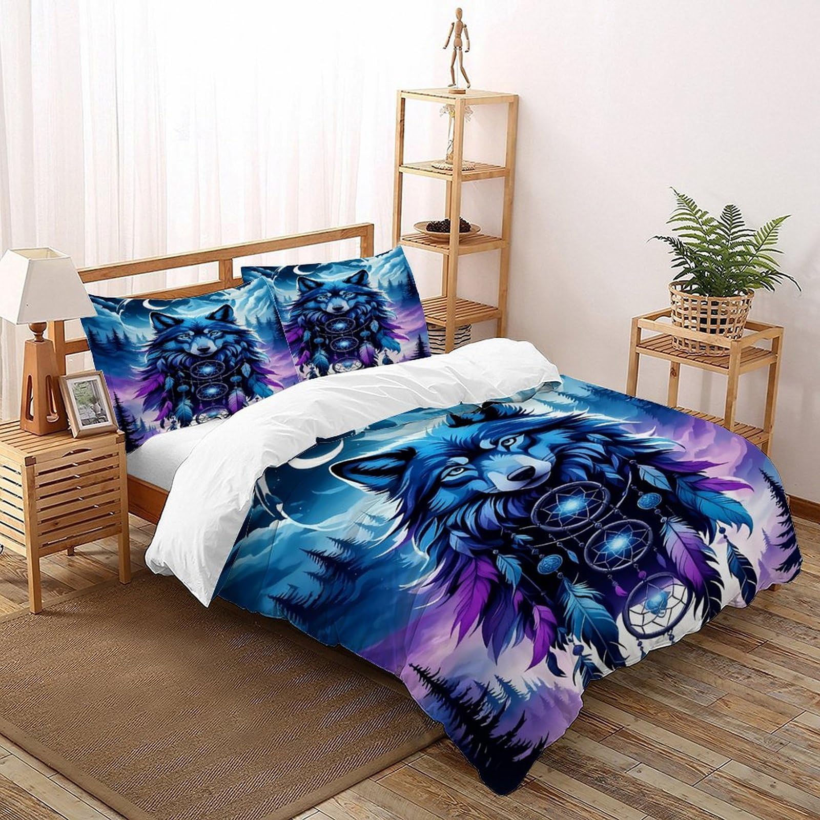 Housse de couette loup dreamcatcher 260x220 cm avec 2 taies d'oreiller pour lit super king