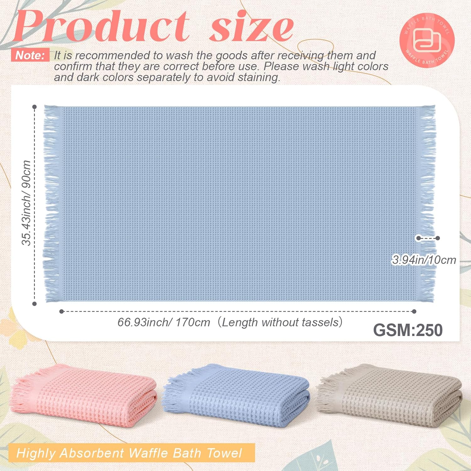 3 Pack Waffle Bath Towels 100% Cotton Oversize Waffle Towel Quick Dry Absorbent Soft Lightweight for Bathroom Shower Blanket Spa Yoga Beach Pool Travel (Pink,Blue,Gray,71 x 35 Inch)