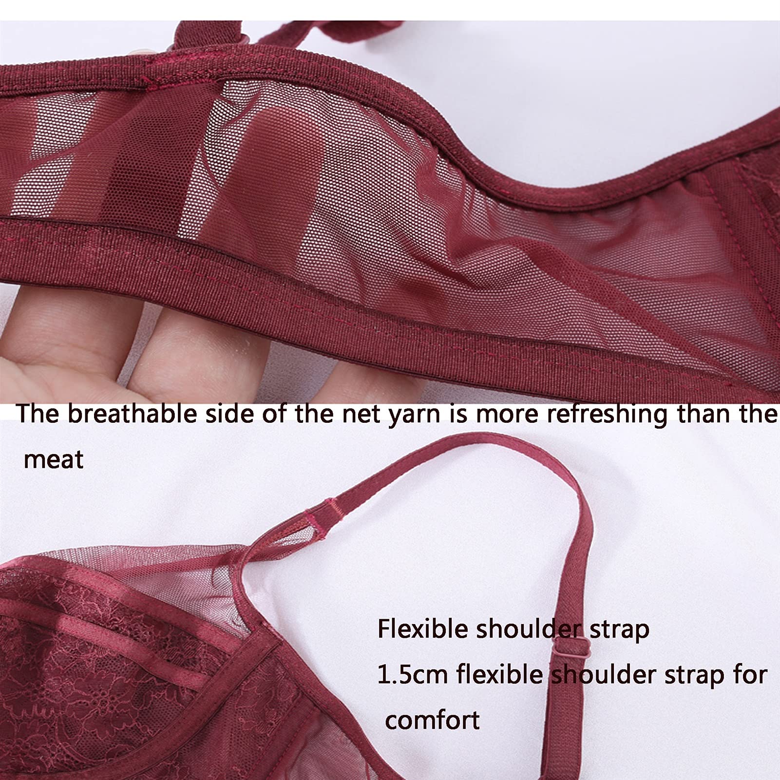 Conjunto de lencería sexy de 2 piezas para mujer, sujetador de encaje sin forro con aros de talla grande, sin relleno y bragas push up