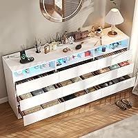 Vista 5 de Cómoda de 9 cajones con toma de corriente, cómoda moderna blanca con luces LED, cómodas de madera con soporte para TV, organizador de cómodas dobles