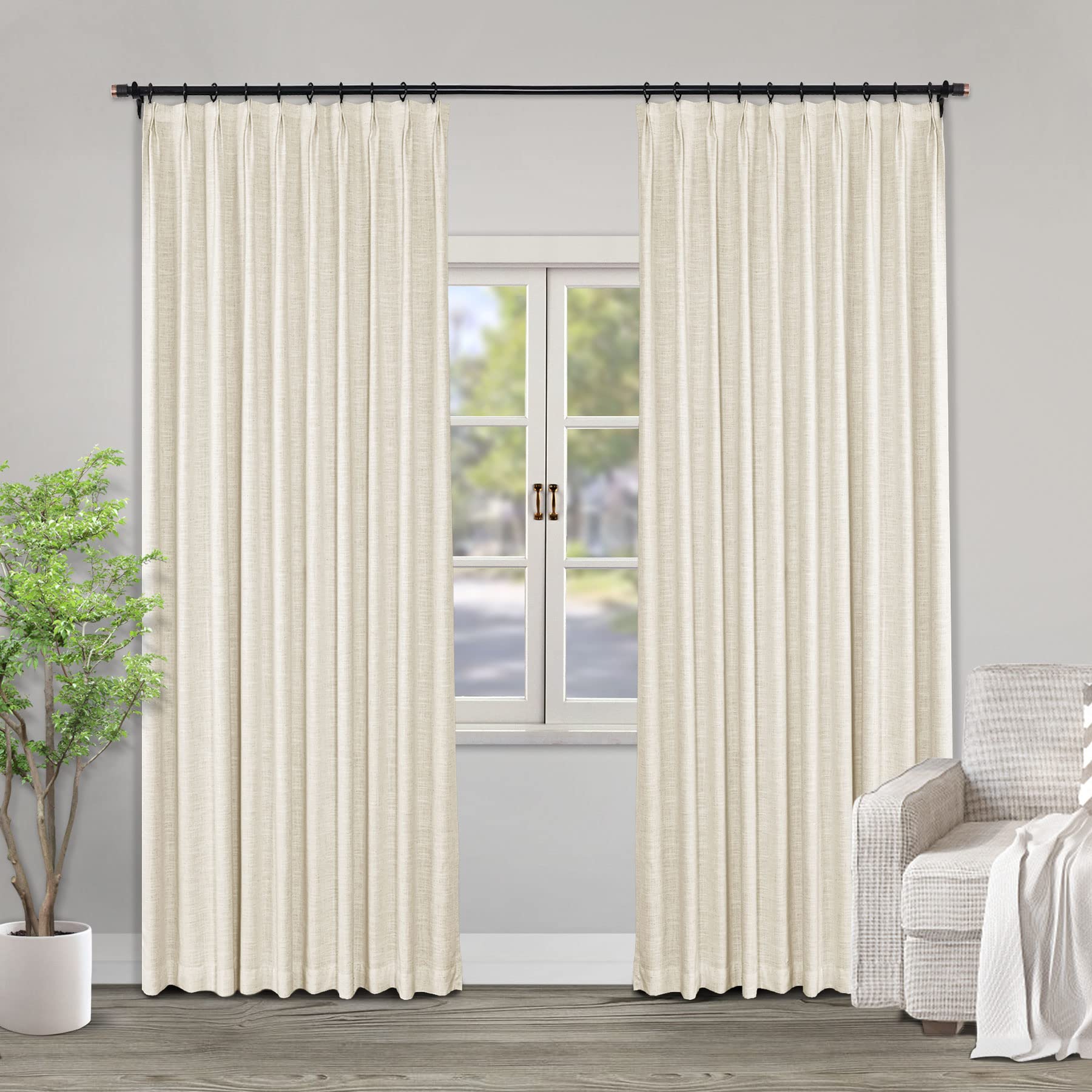 Cortinas opacas de lino natural para dormitorio y sala de estar, color beige arena, 114 x 244 cm, cortinas plisadas con protección de privacidad, color sólido con forro opaco, 1 panel
