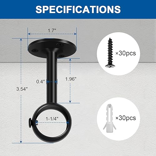 Miniatura 9 de Soporte de barra de cortina de techo, soportes de barra de cortina de techo resistentes, ganchos negros para cortineros de pared, soportes de barra